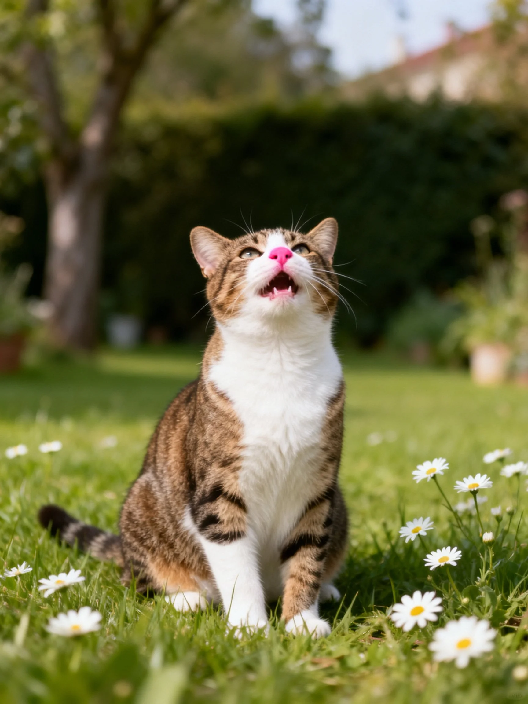 A tabby cat with white chest sits among daisies in a sunlit garden