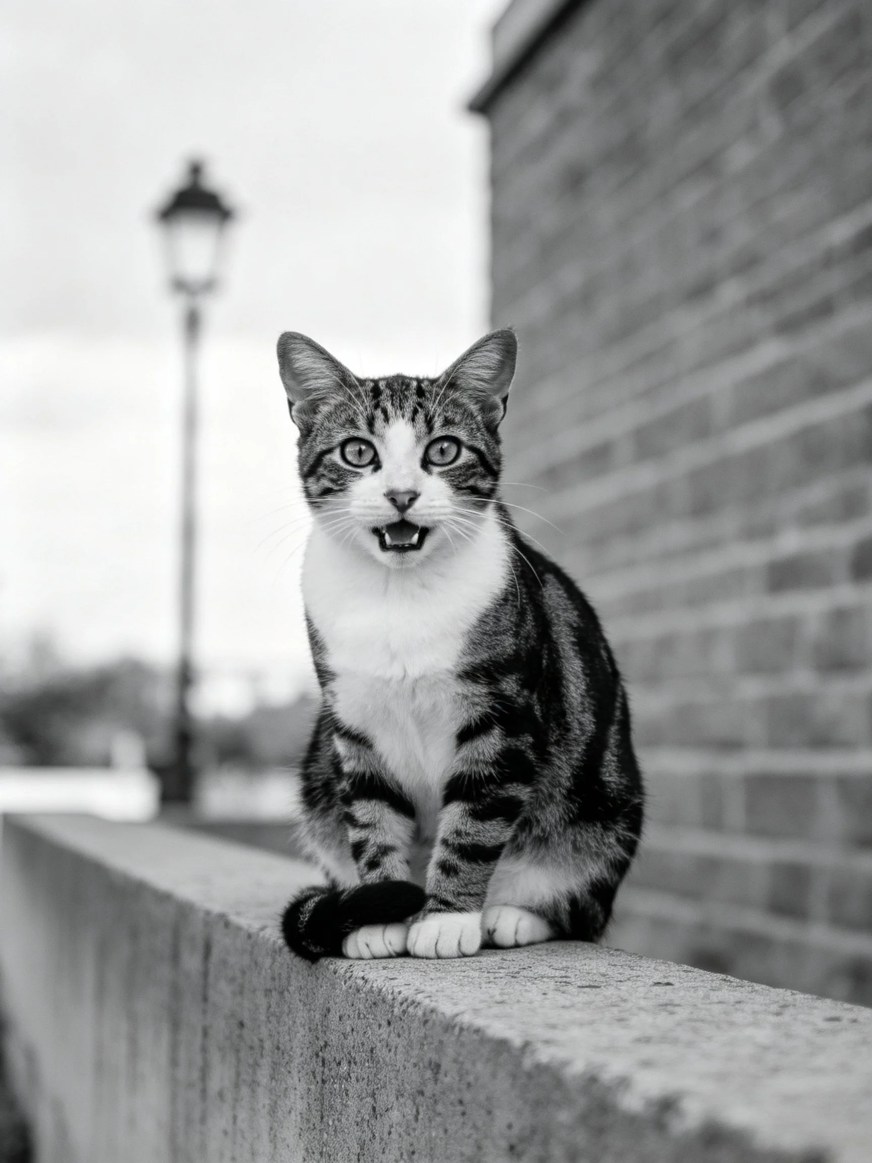 A tabby cat with white chest sits on a concrete ledge near a brick wall