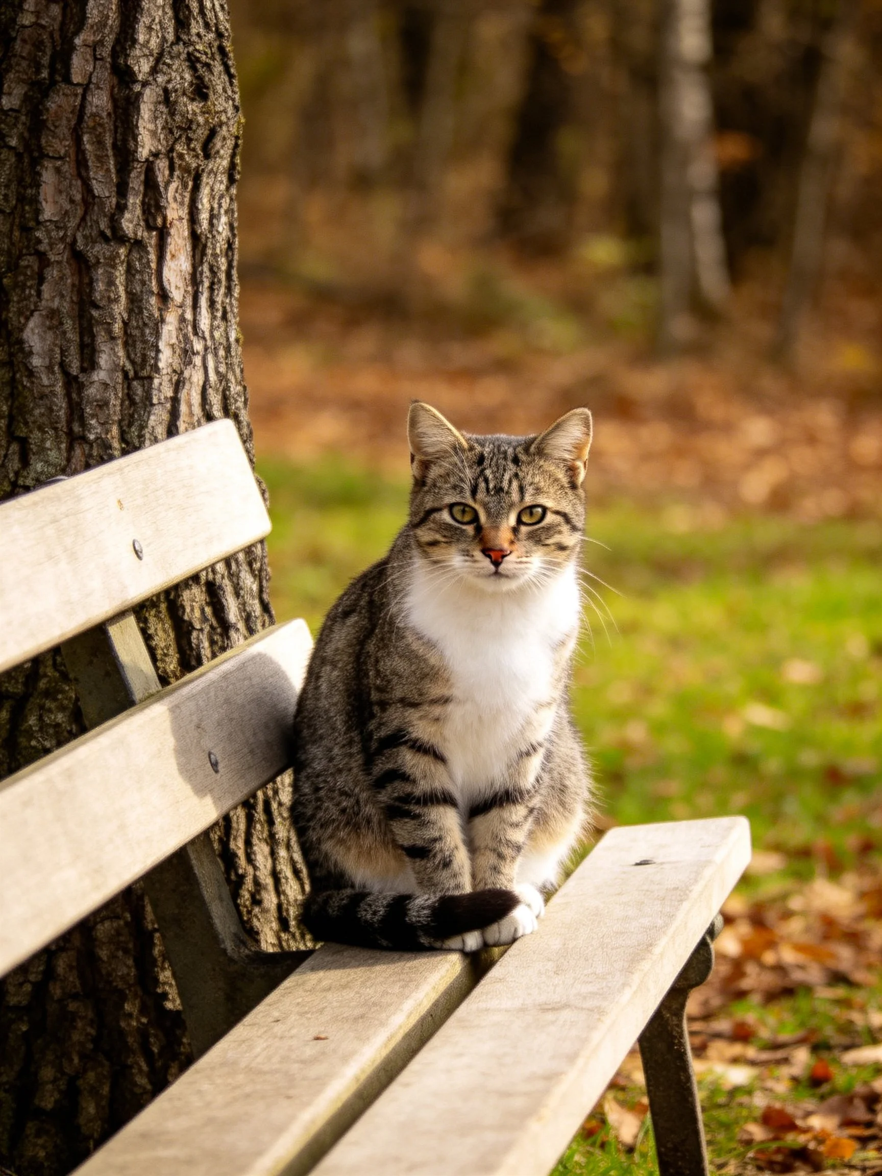 A tabby cat with white chest sits on a wooden bench by a large tree
