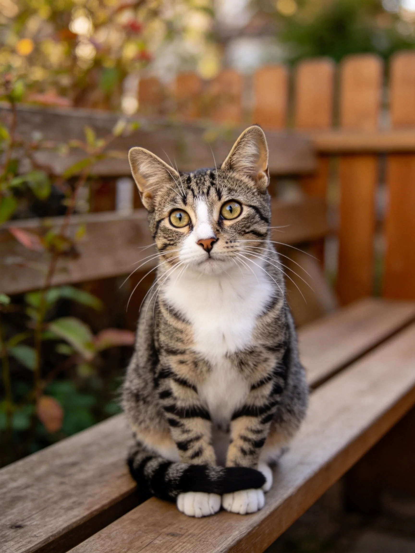 A tabby cat with white chest sits on a wooden bench outdoors.