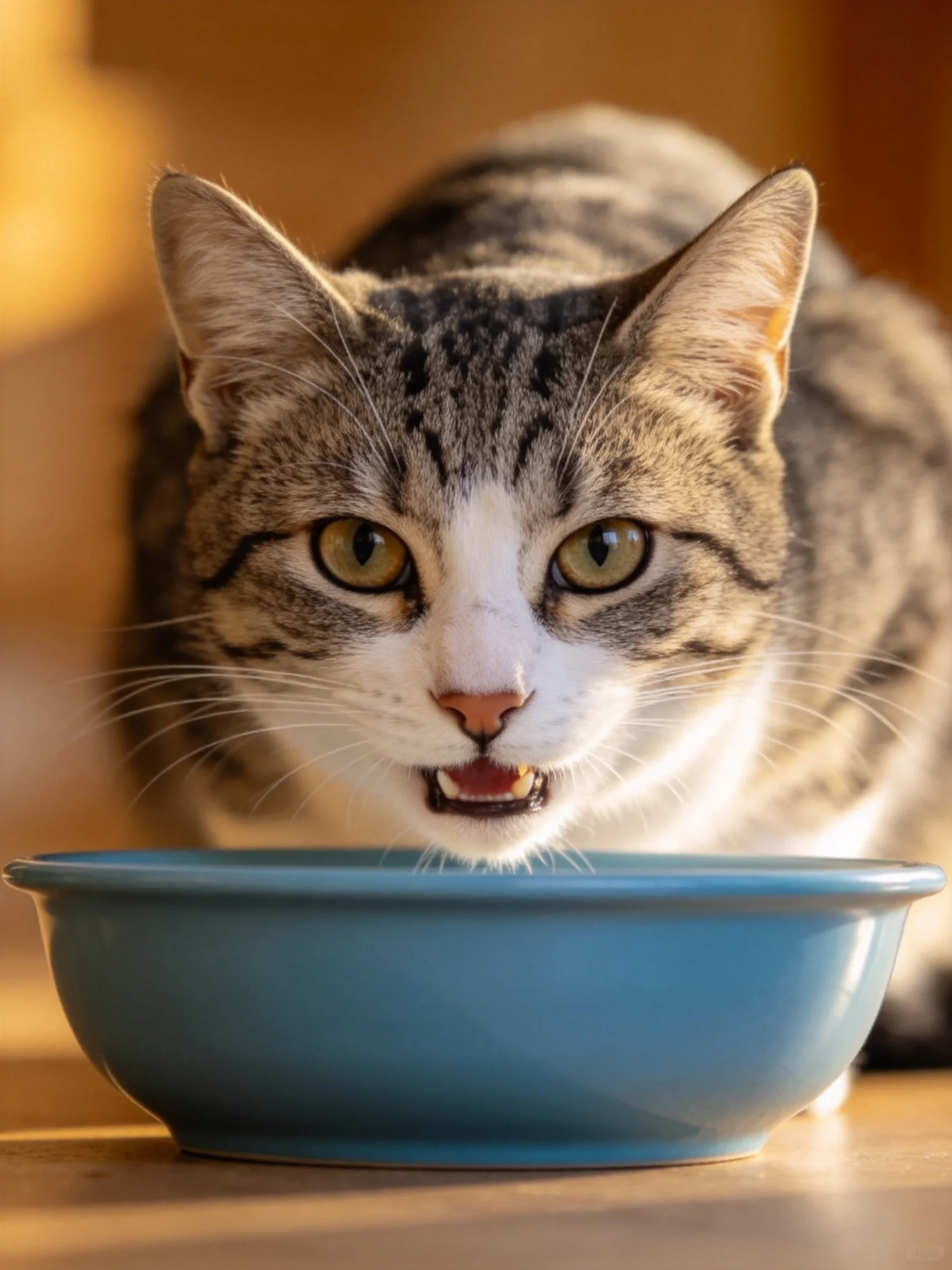 A tabby cat with white markings eats from a blue bowl