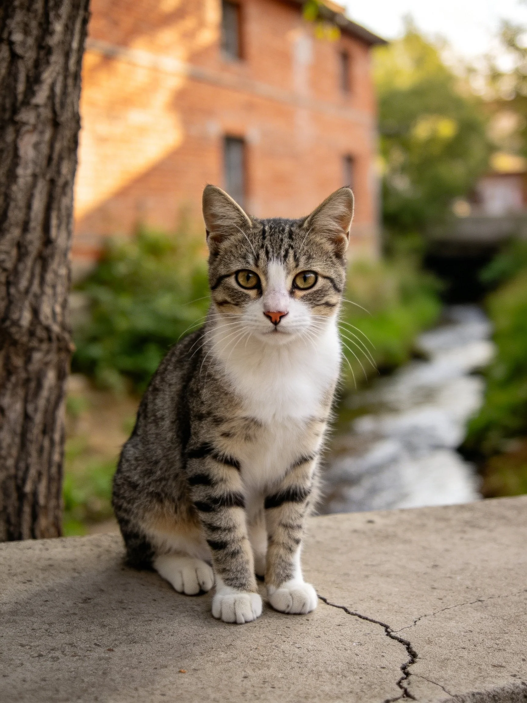 A tabby cat with white markings sits near a tree by a brick building