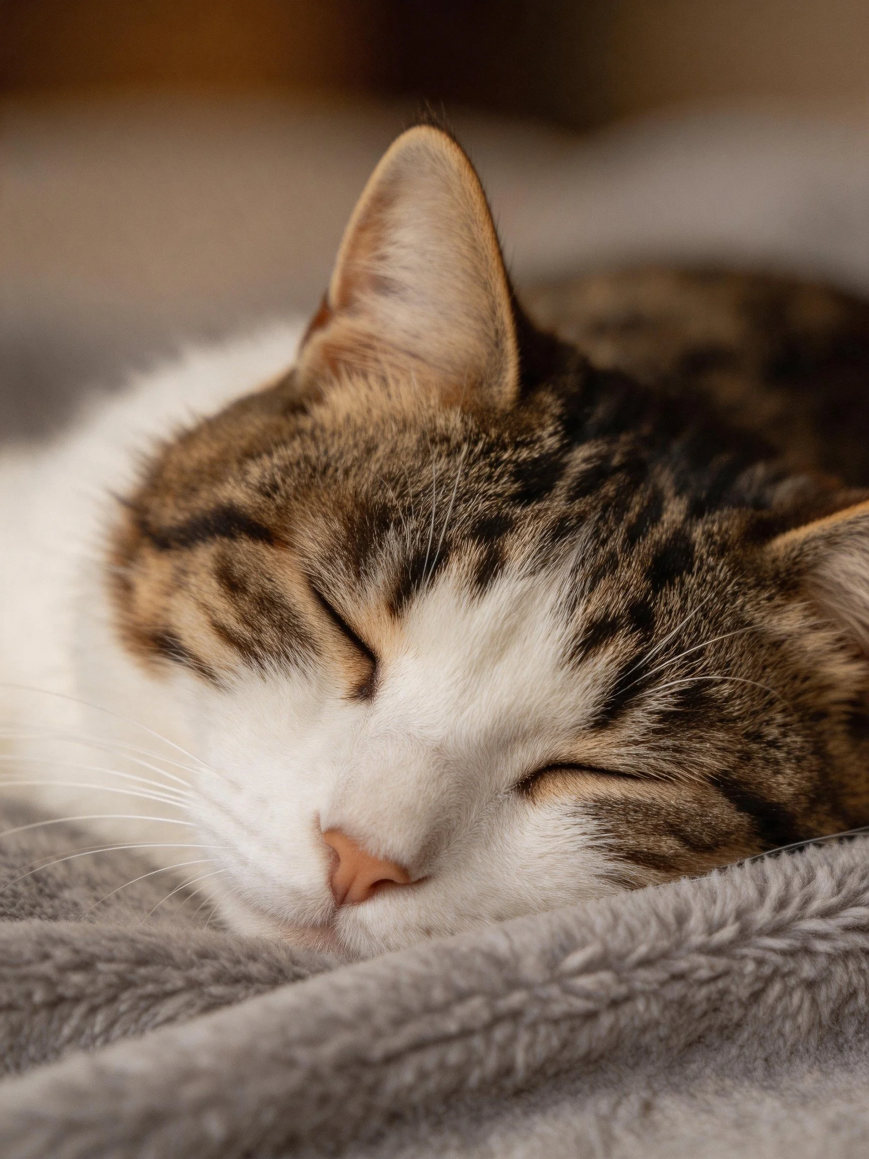 A tabby cat with white patches rests comfortably on a soft blanket