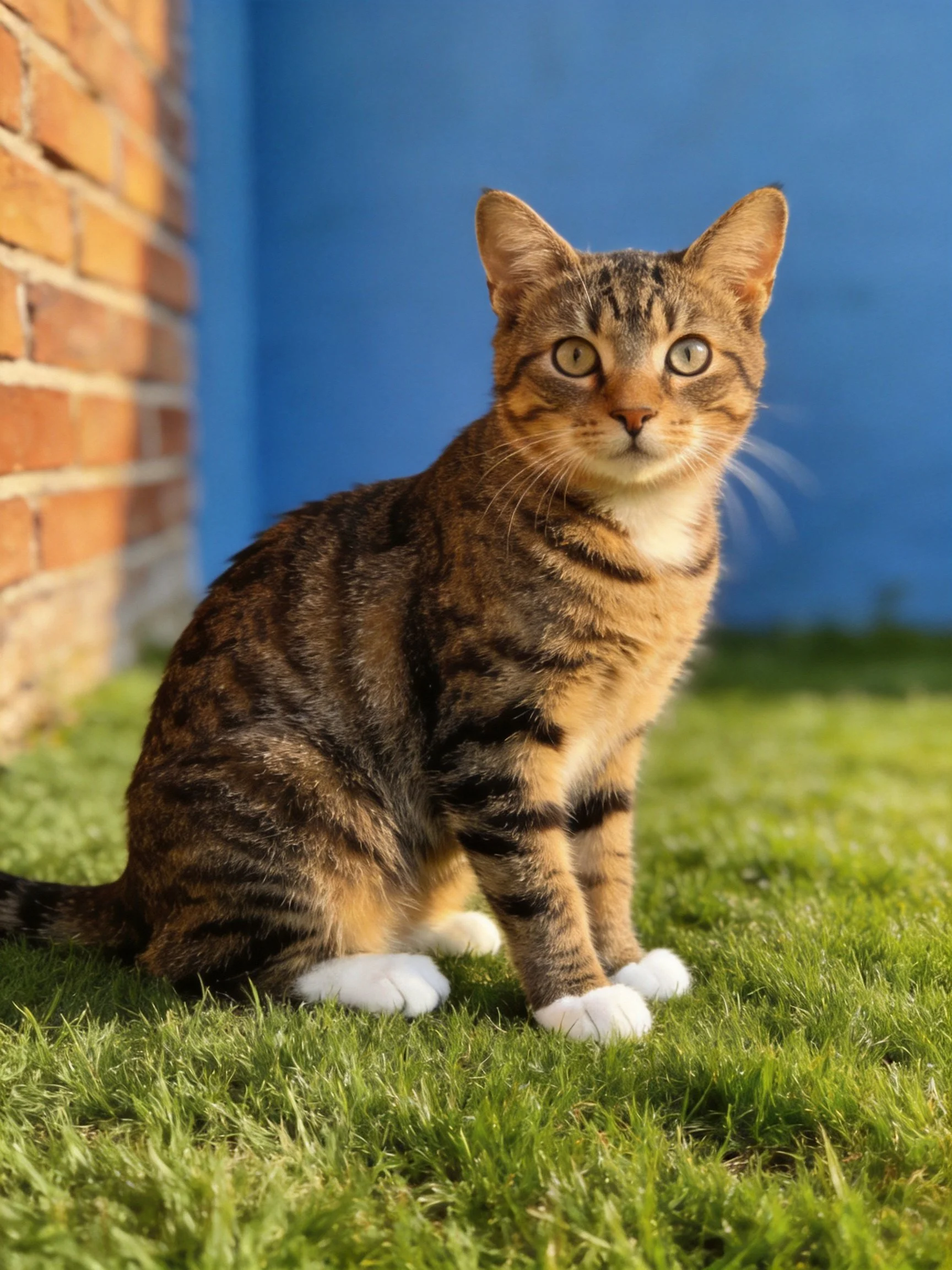 A tabby cat with white paws sits on lush green grass near a brick wall