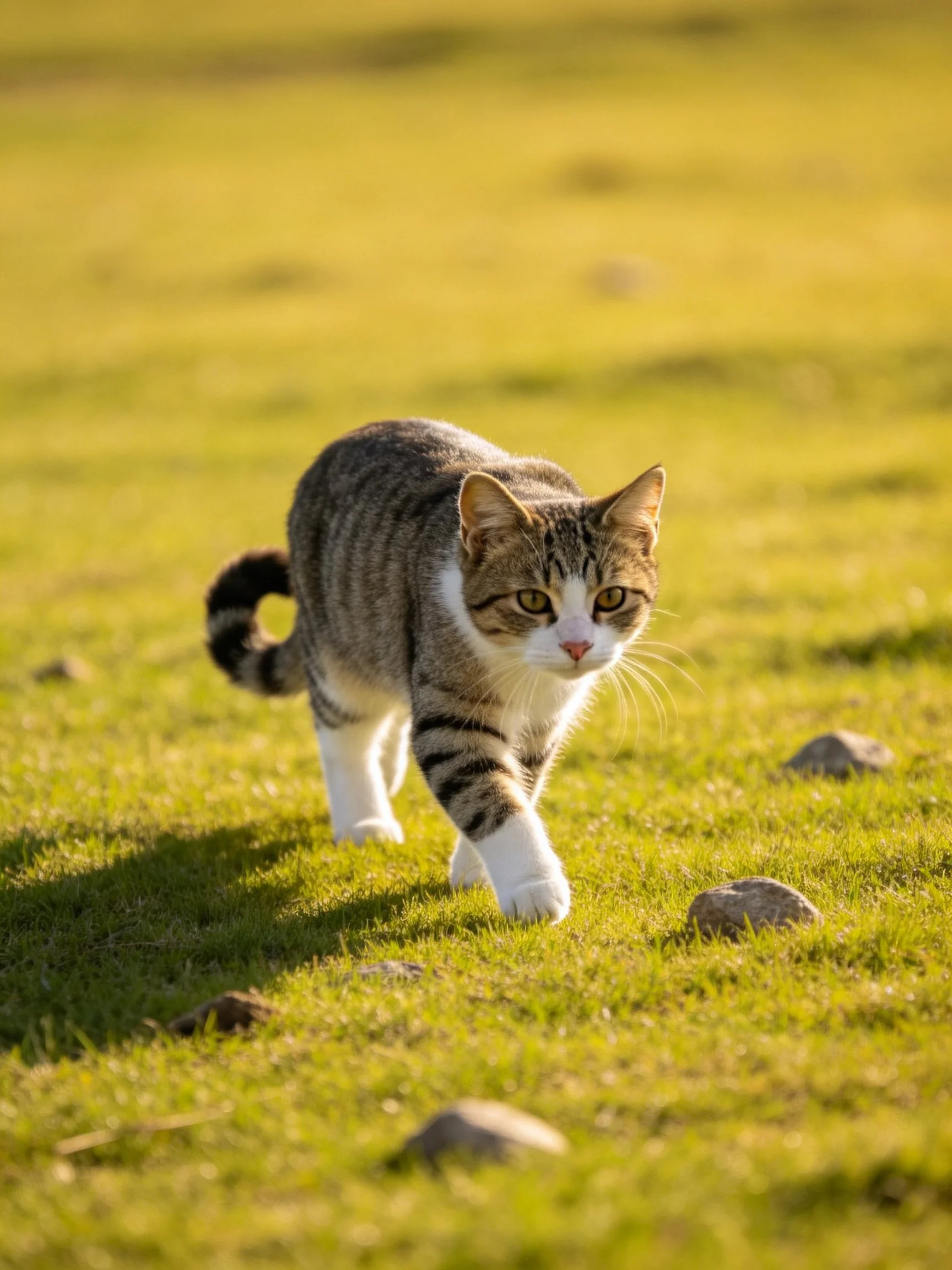 A tabby cat with white paws walks on sunlit green grass