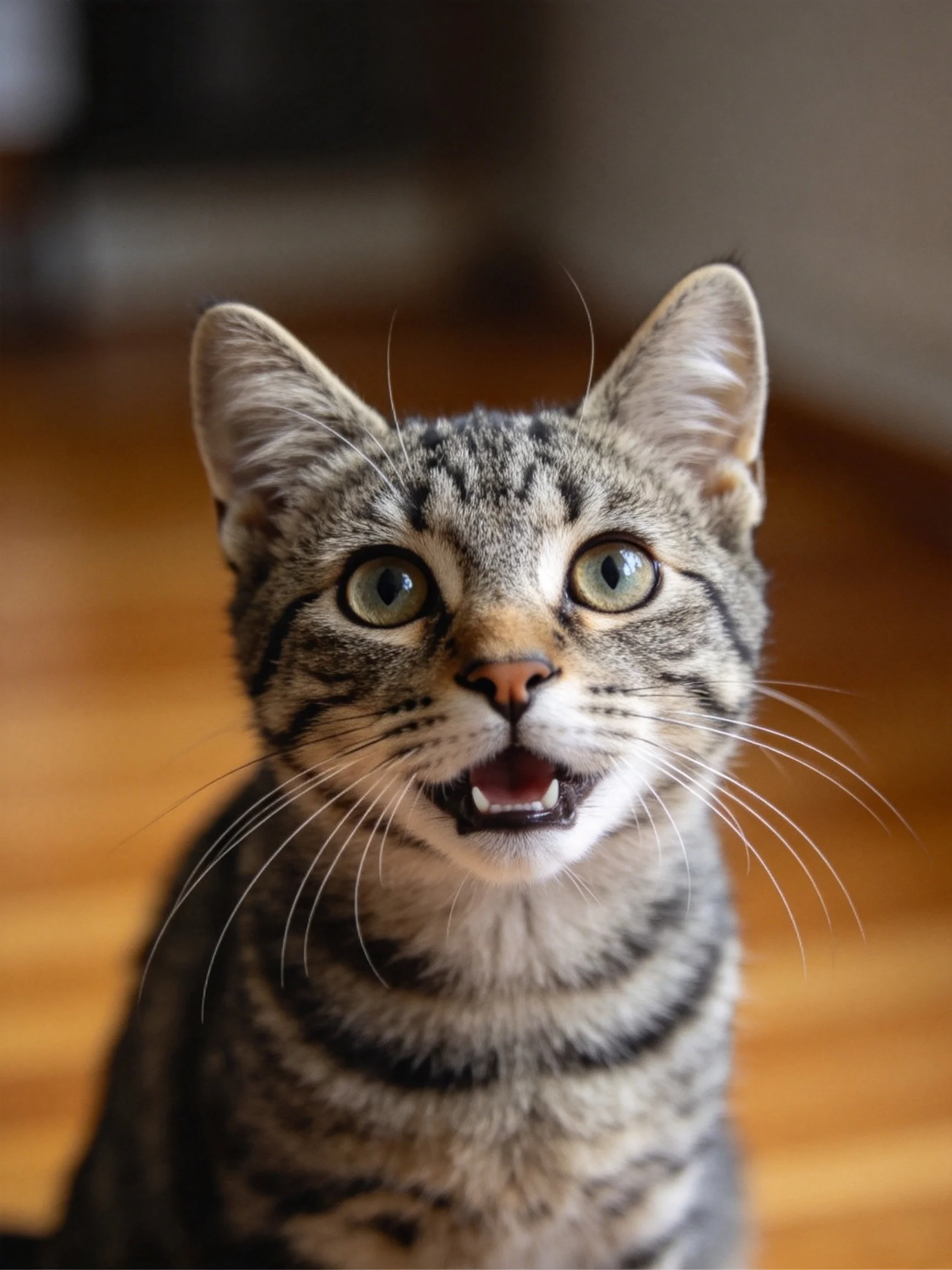 A tabby cat with wide green eyes sits on a wooden floor.