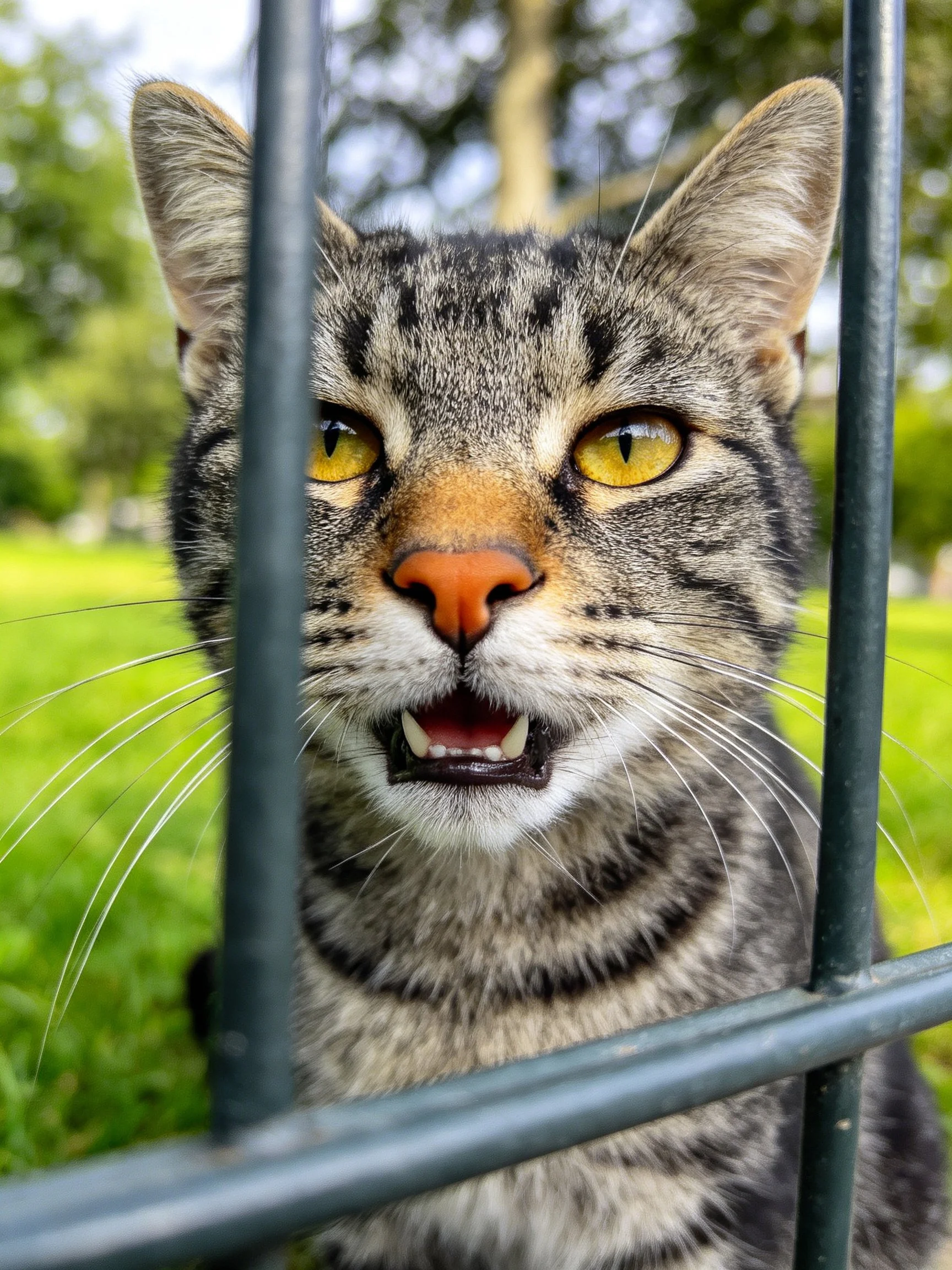A tabby cat with yellow eyes behind dark metal bars