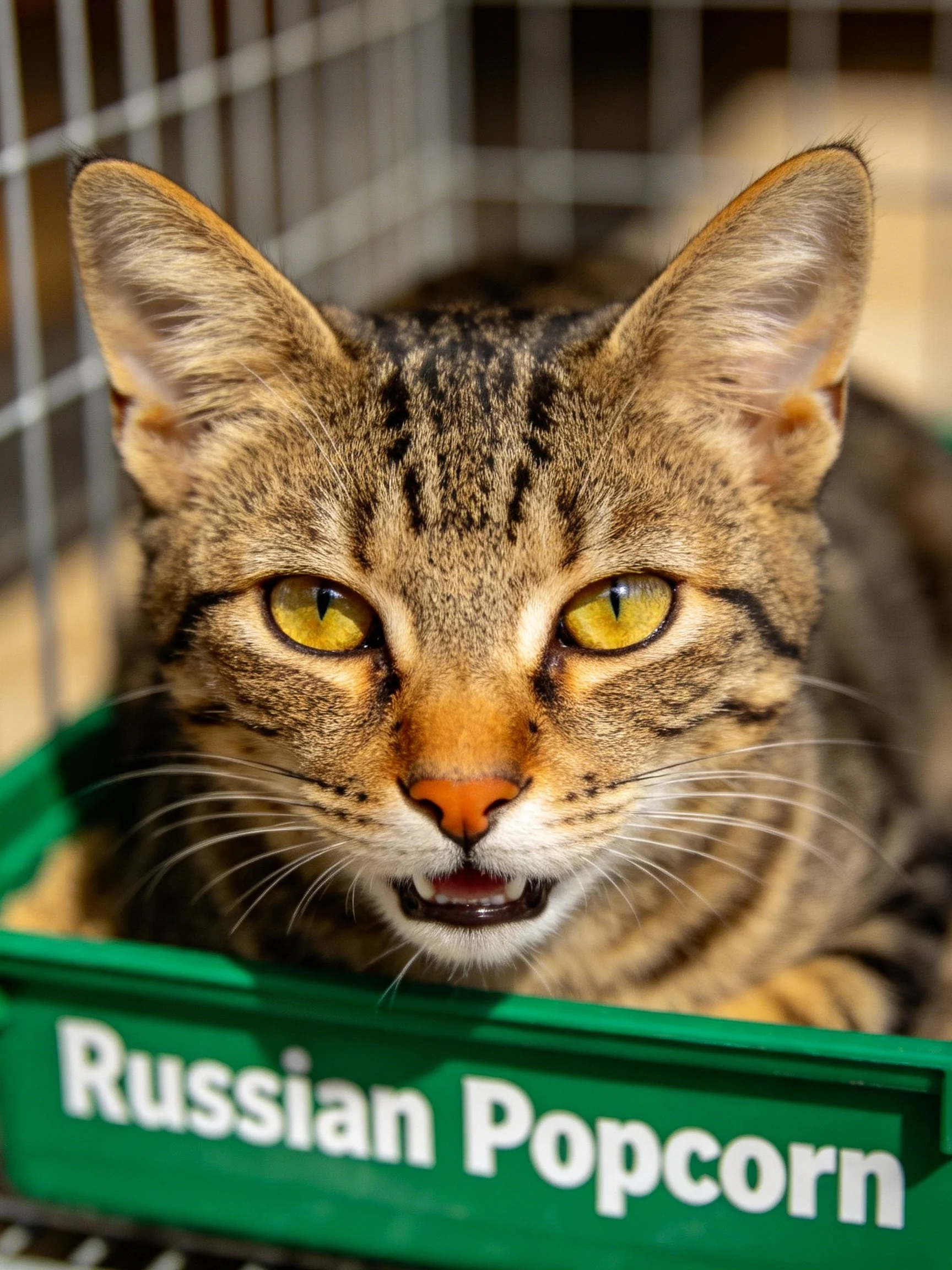 A tabby cat with yellow eyes rests in a green container labeled Russian Popcorn