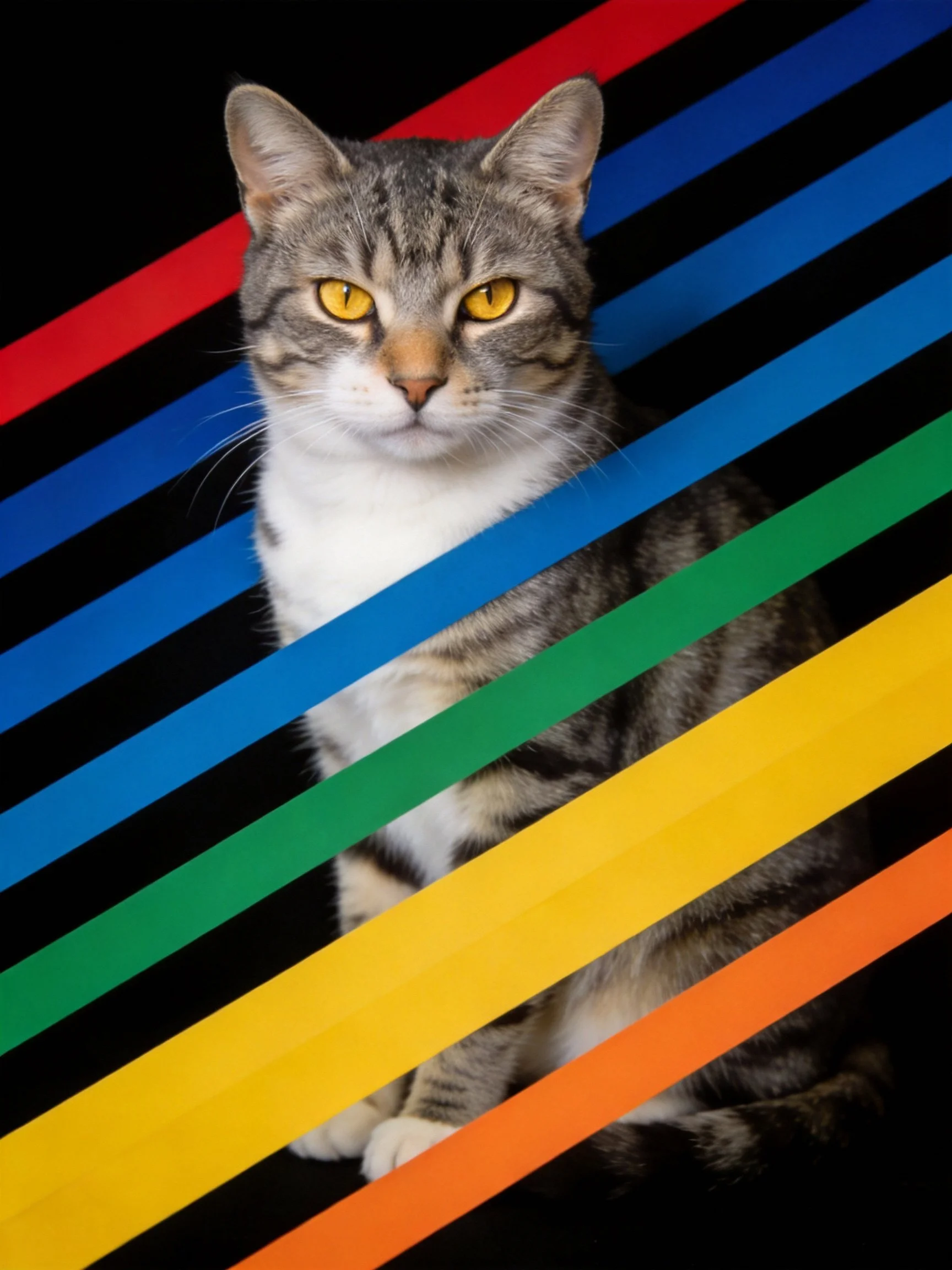 A tabby cat with yellow eyes sits amid diagonal rainbow-colored stripes