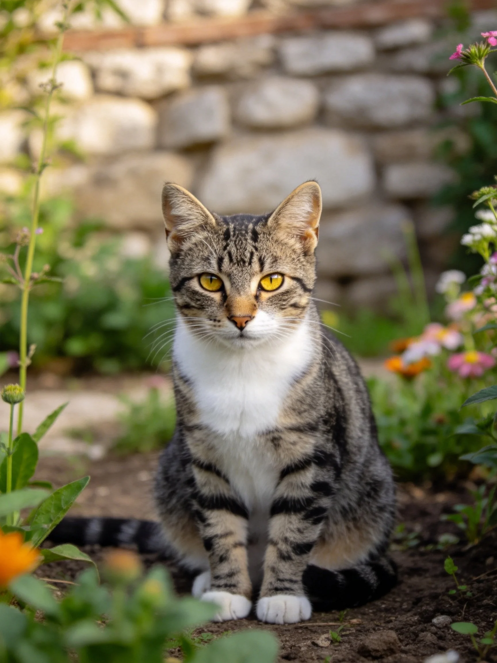 A tabby cat with yellow eyes sits among colorful flowers near a stone wall