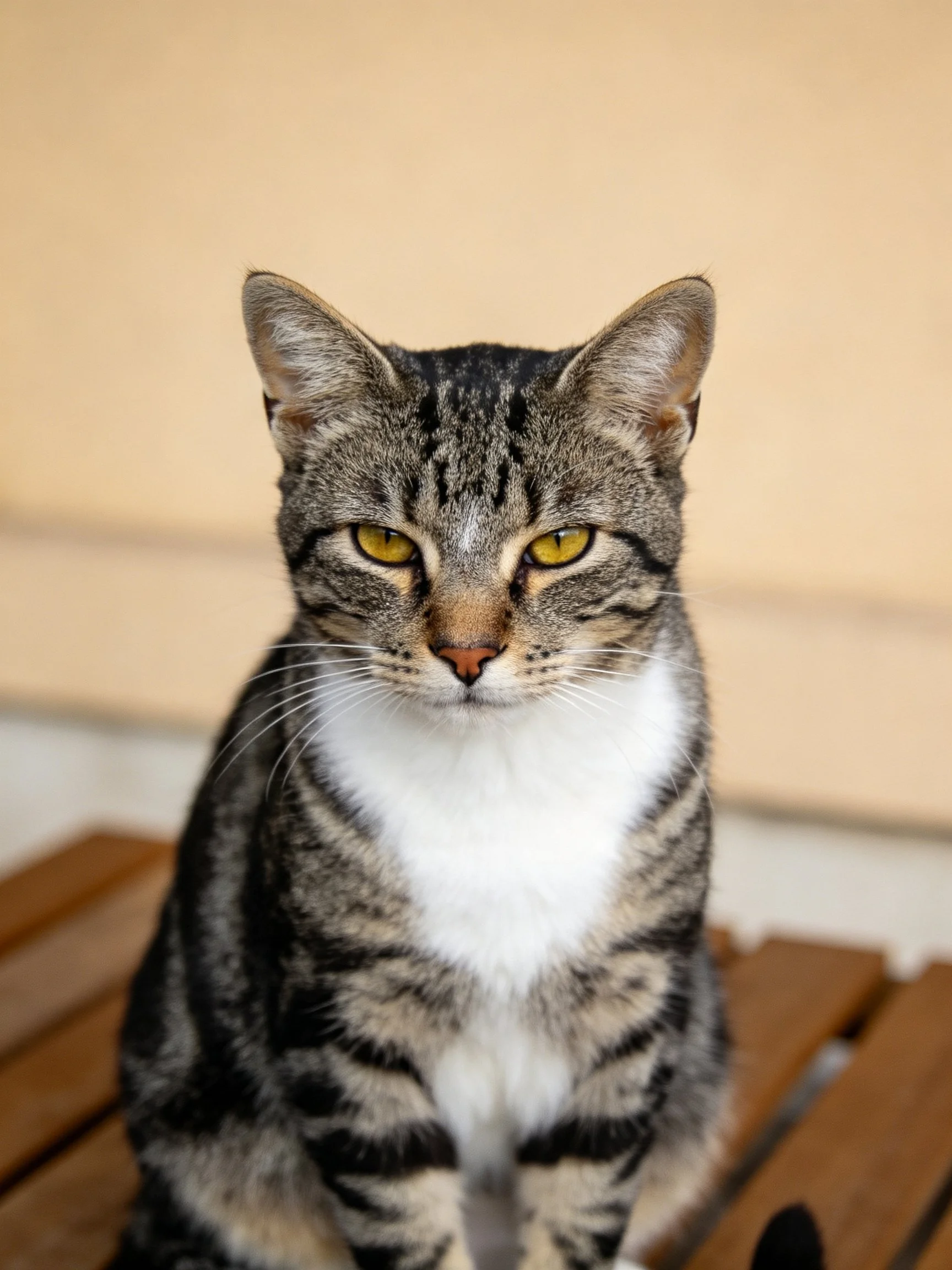 A tabby cat with yellow eyes sits on a wooden structure