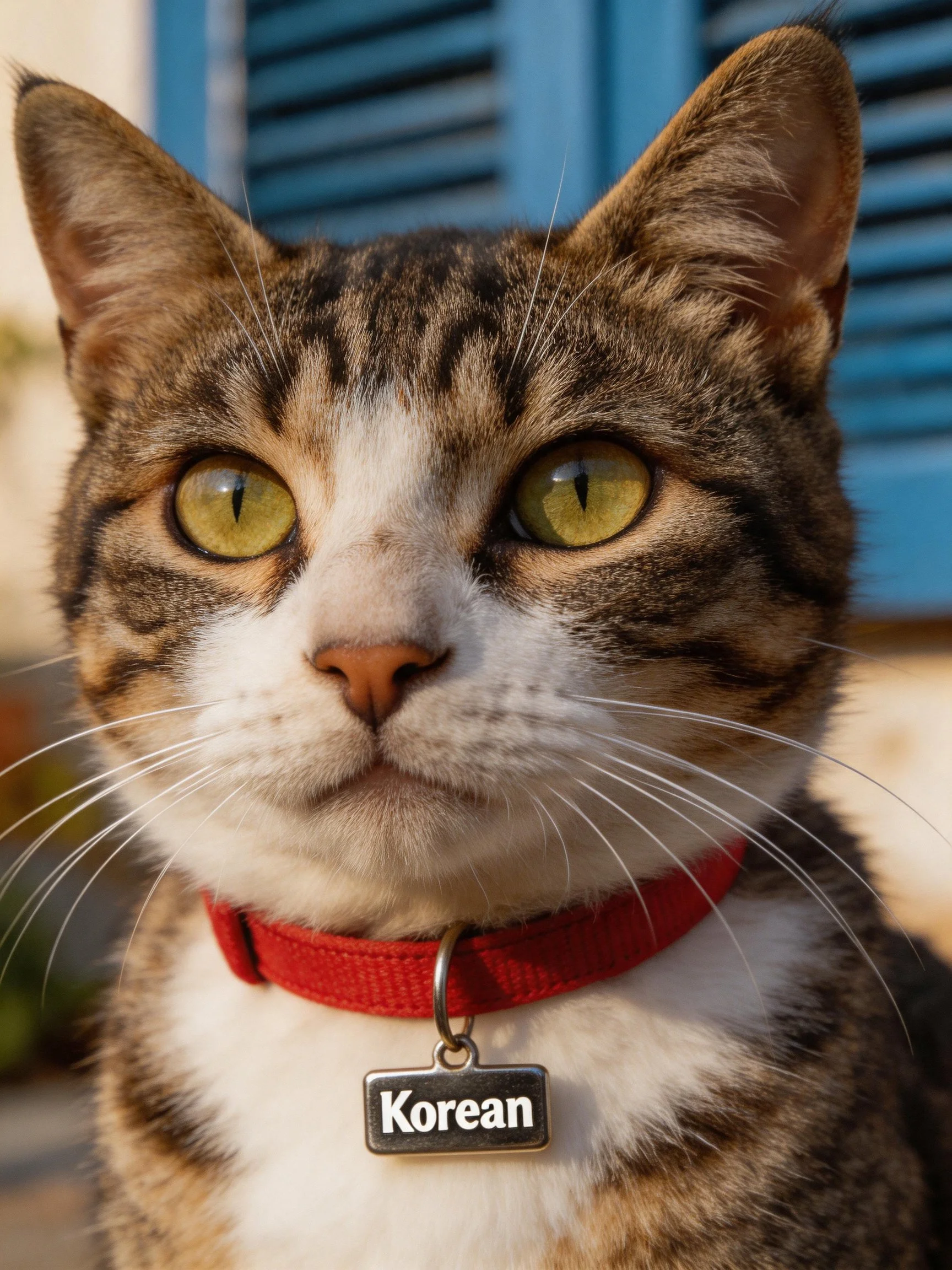 A tabby cat with yellow-green eyes sports a red collar featuring a Korean tag.