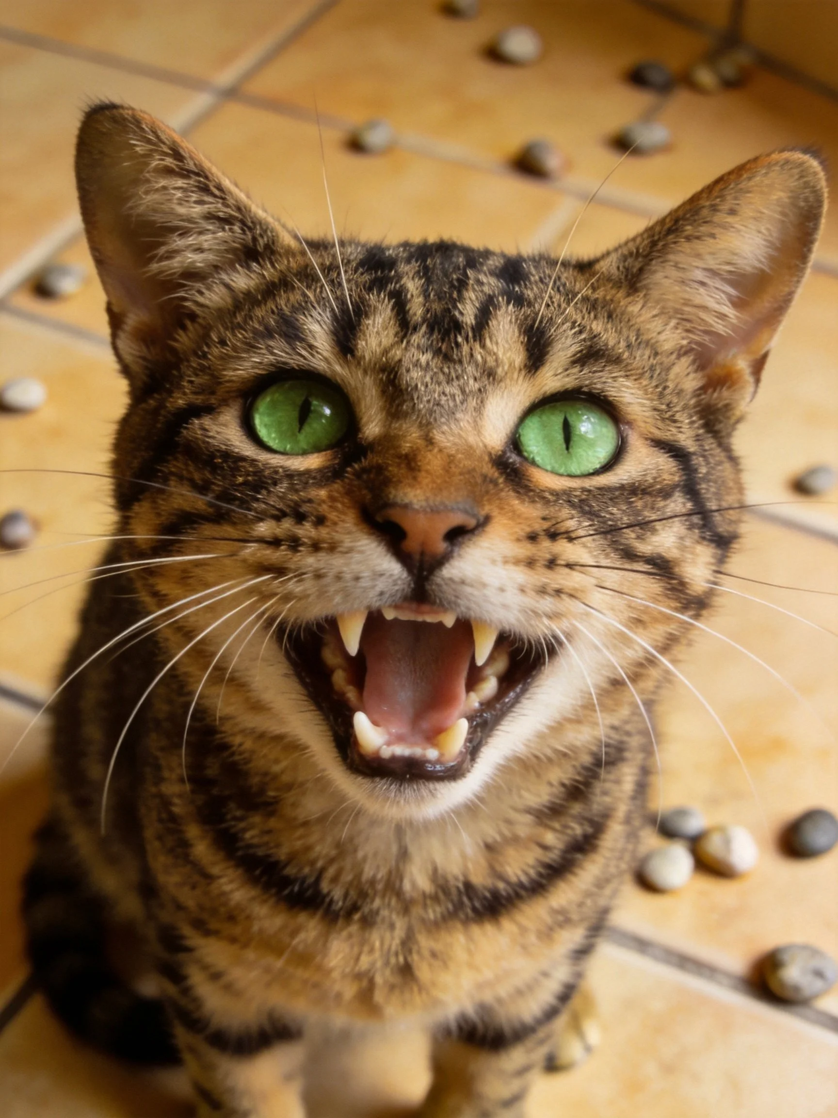 A tabby cat withbright green eyes shows its teeth on a tiled floor
