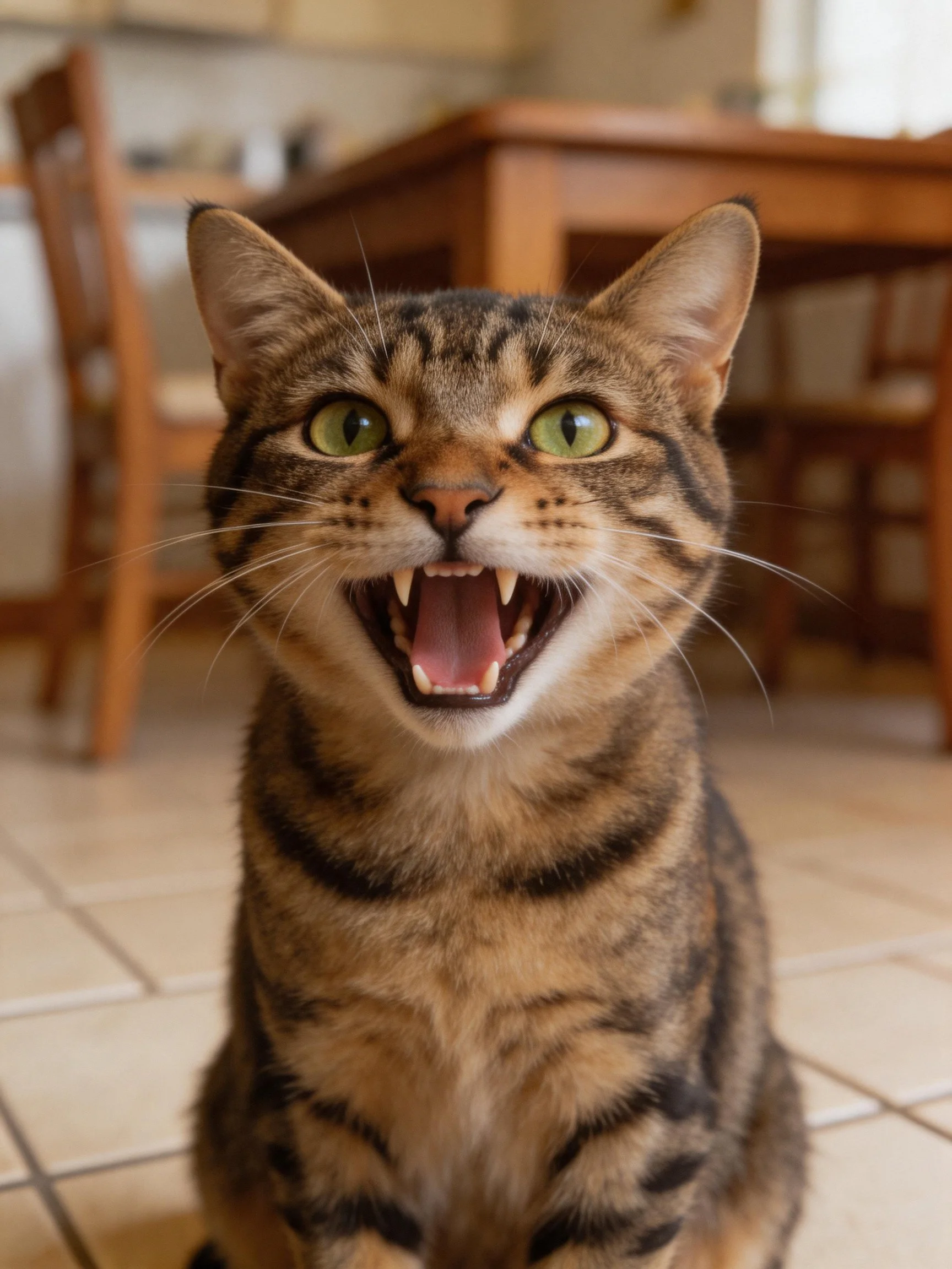 A tabby cat with green eyes opens its mouth widely on tiled flooring.