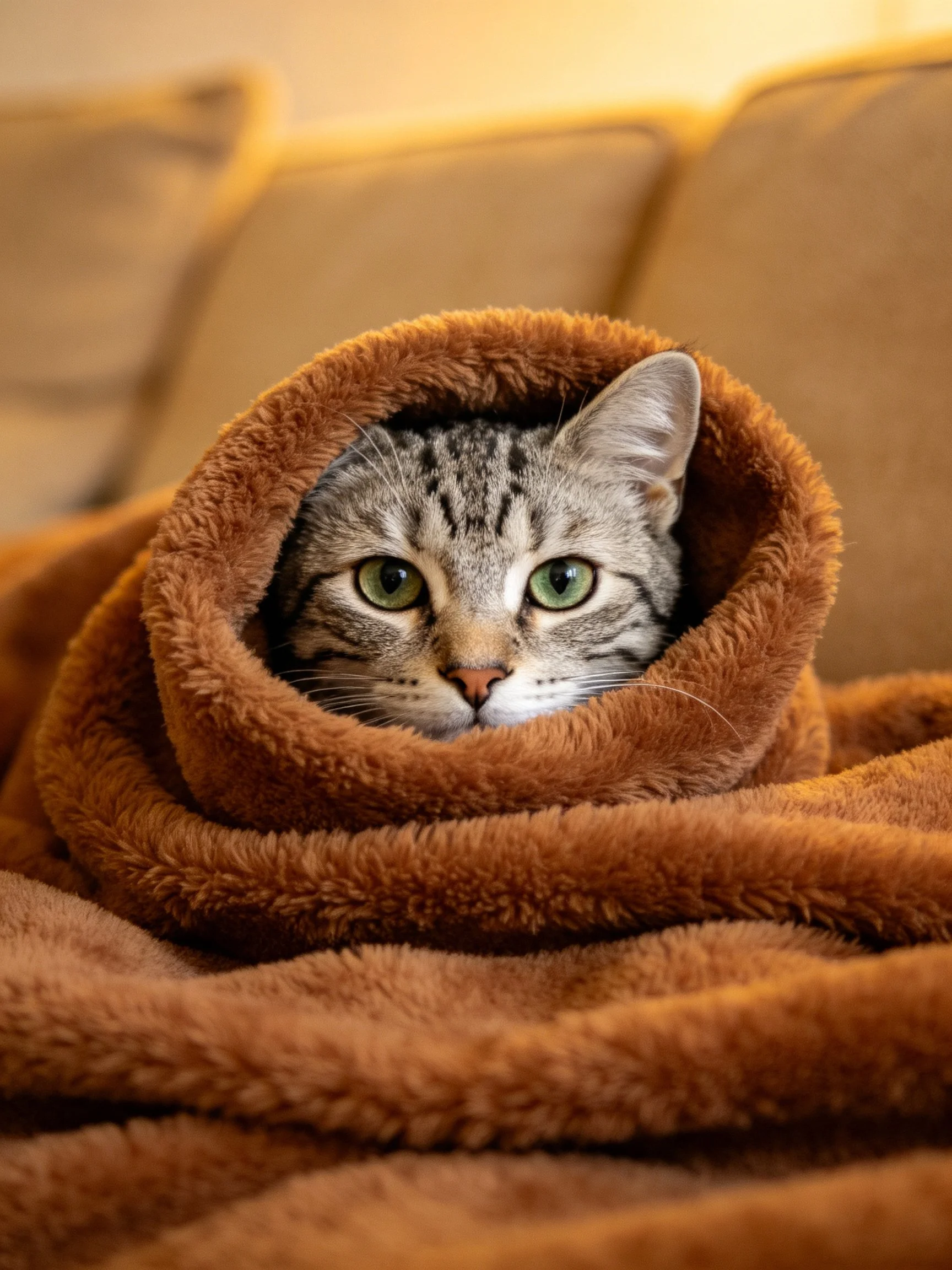 A tabby cat wrapped in a brown blanket on a beige couch