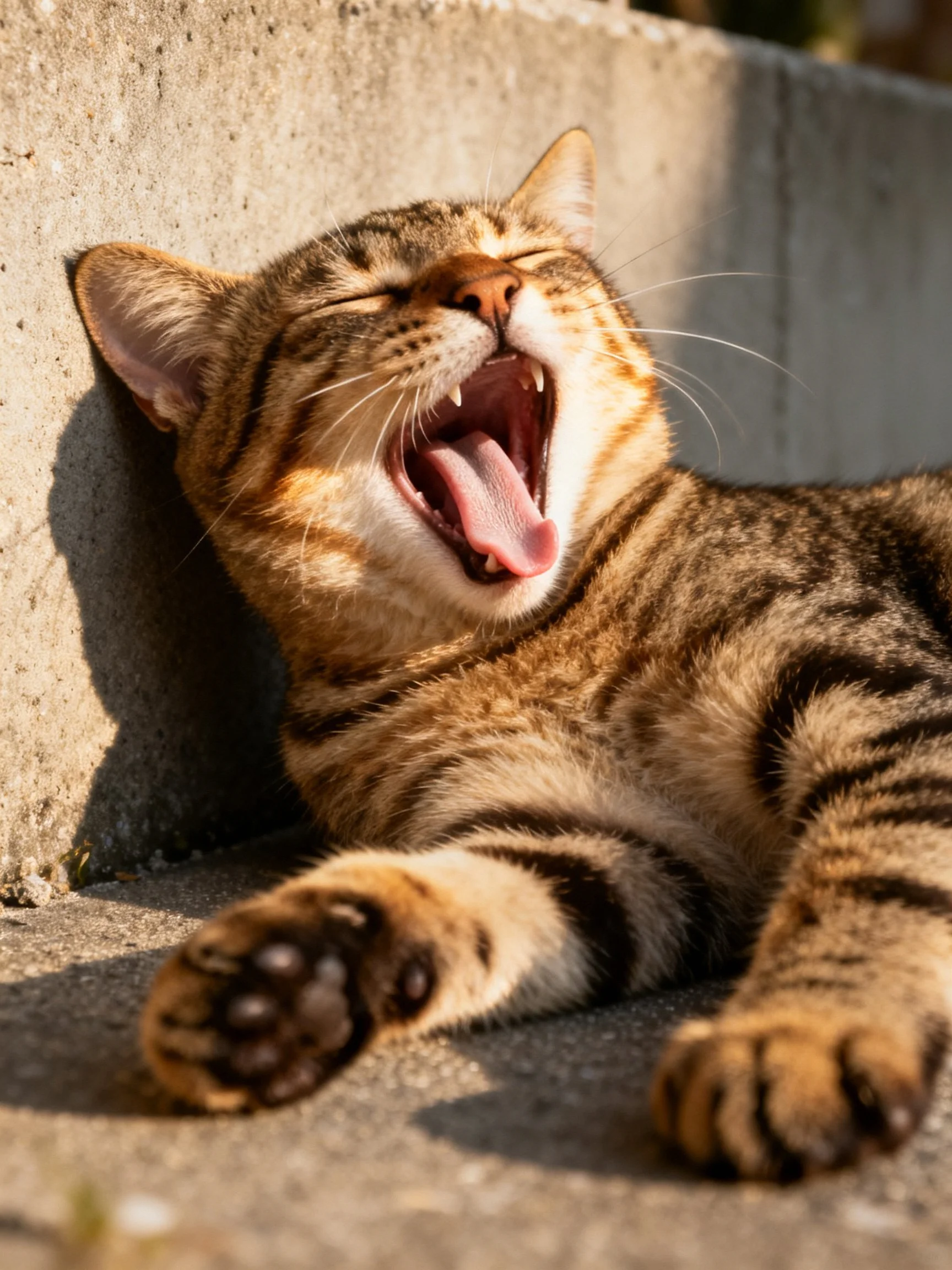 A tabby cat yawning against a concrete wall in warm sunlight