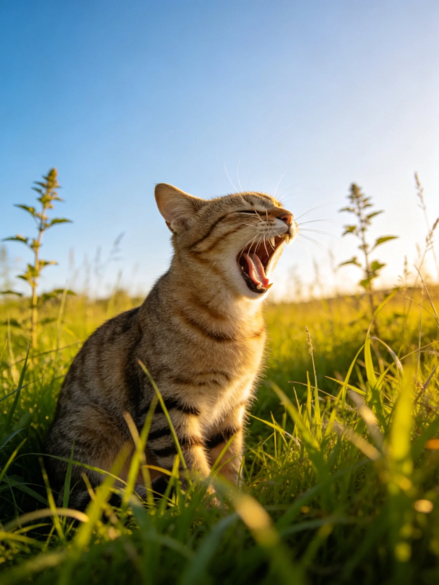 A tabby cat yawning in a sunlit grassy meadow under clear blue sky