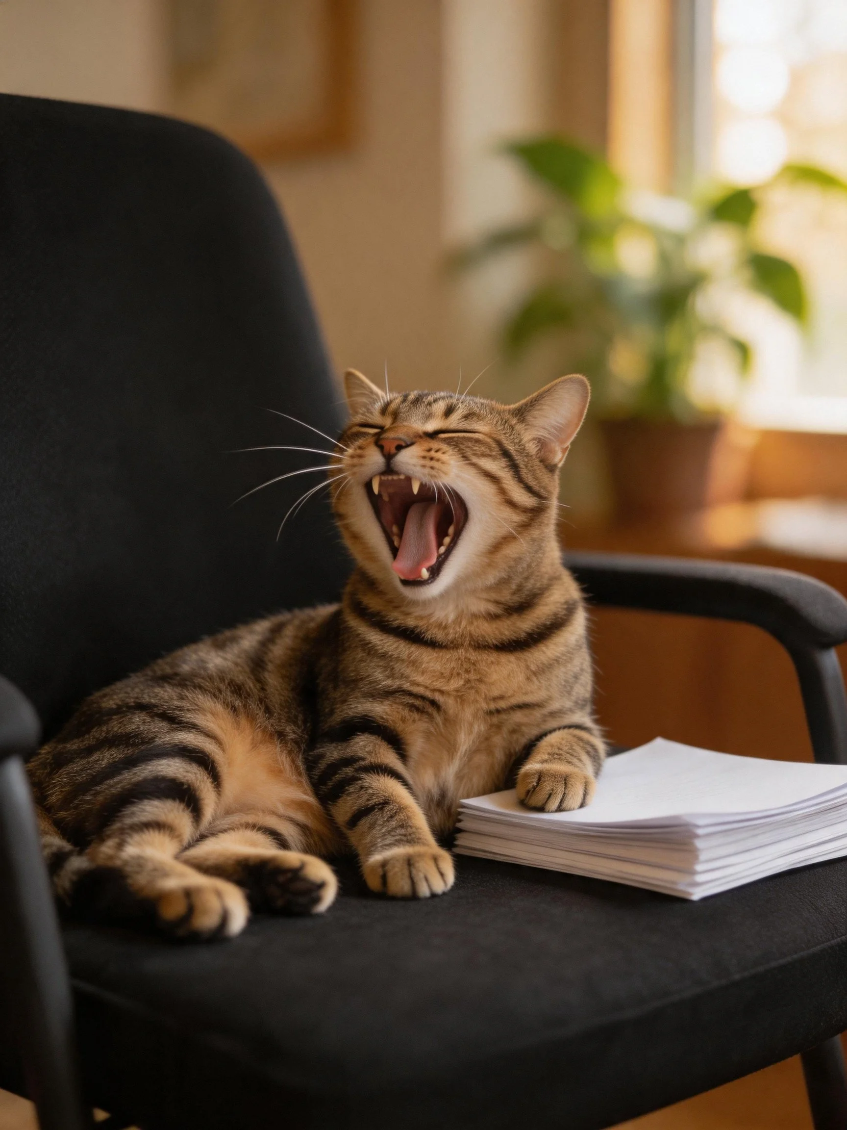 A tabby cat yawning on a black office chair near papers