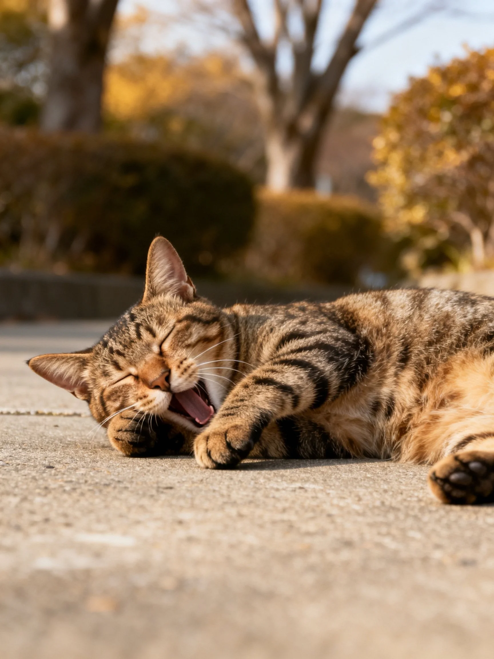 A tabby cat yawning on a concrete path in an autumnal park
