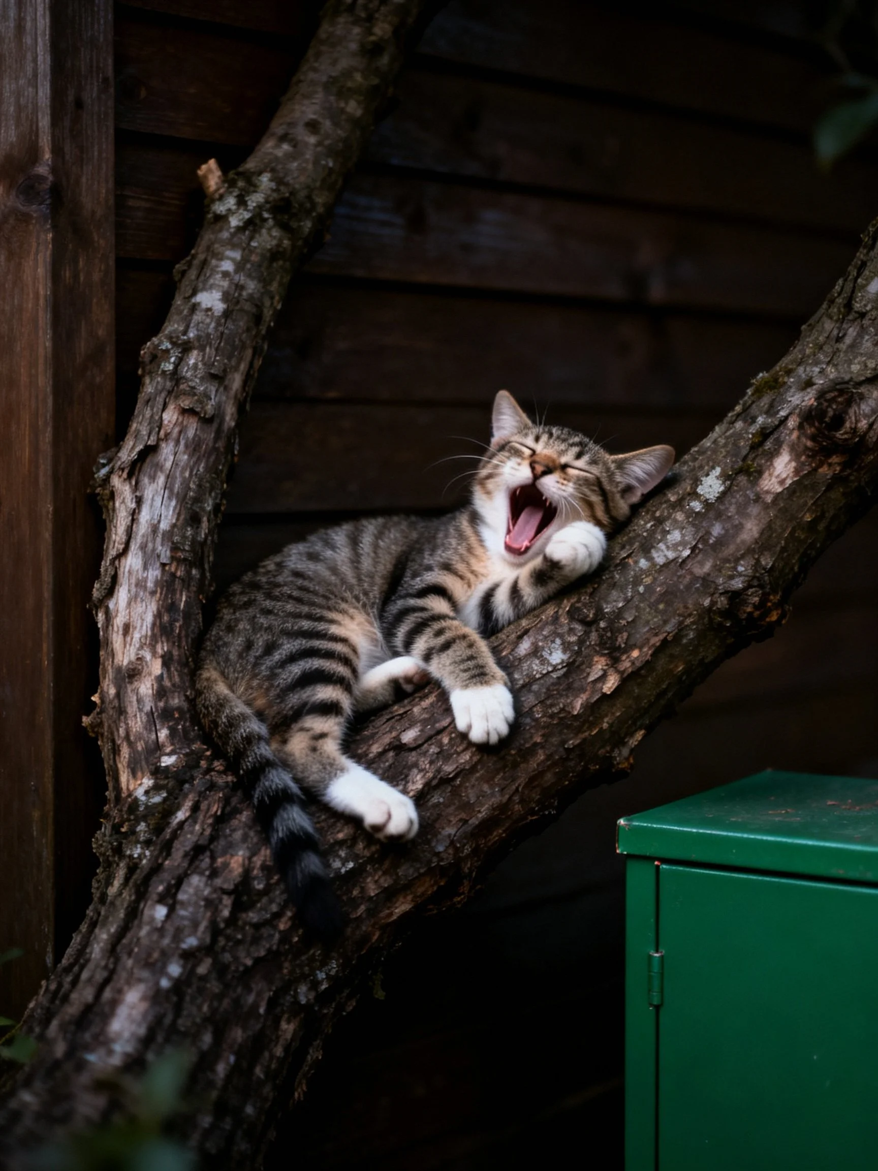A tabby cat yawning on a gnarled tree branch beside a green cabinet