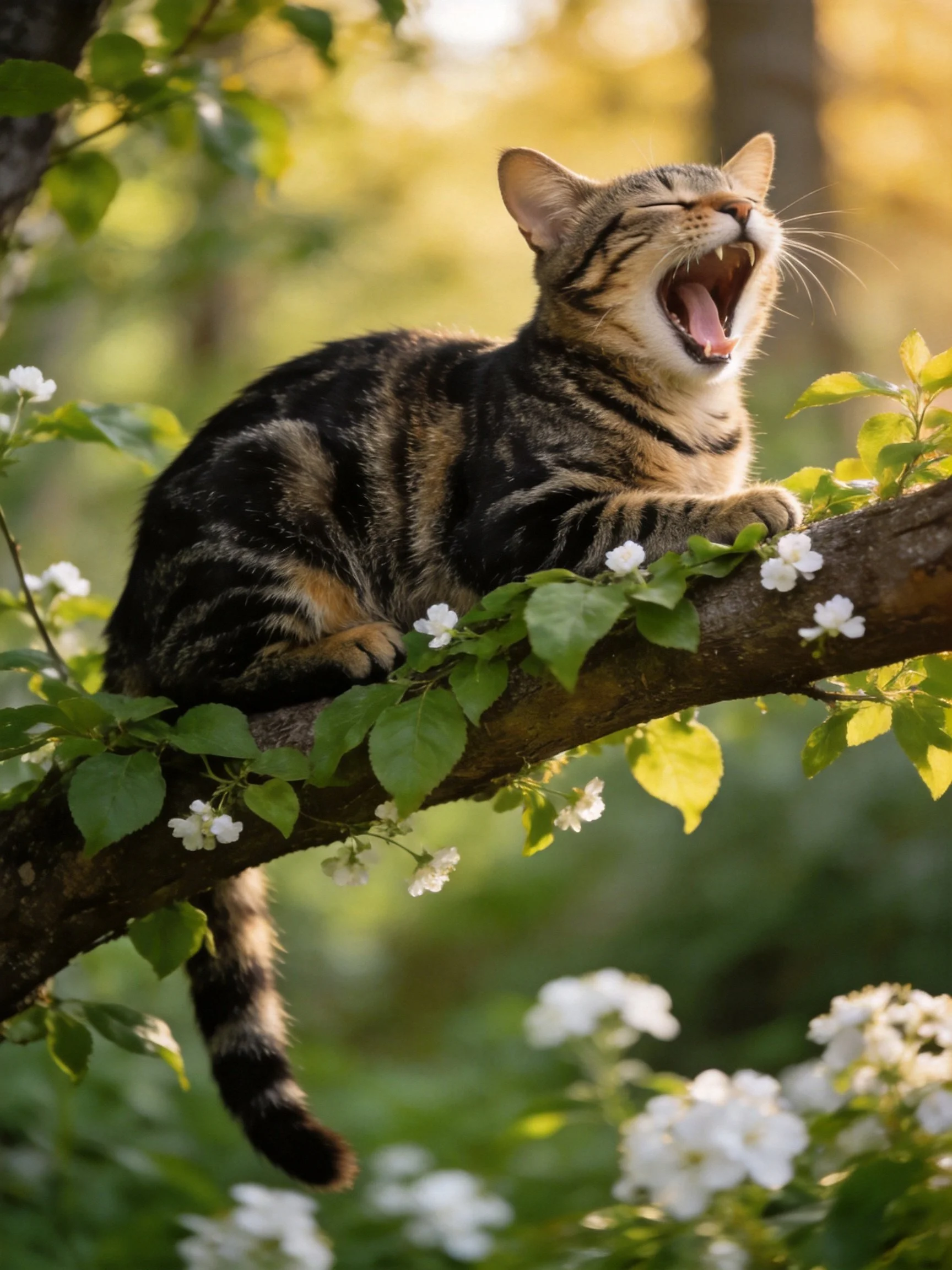 A tabby cat yawning on a leafy tree branch with white blossoms