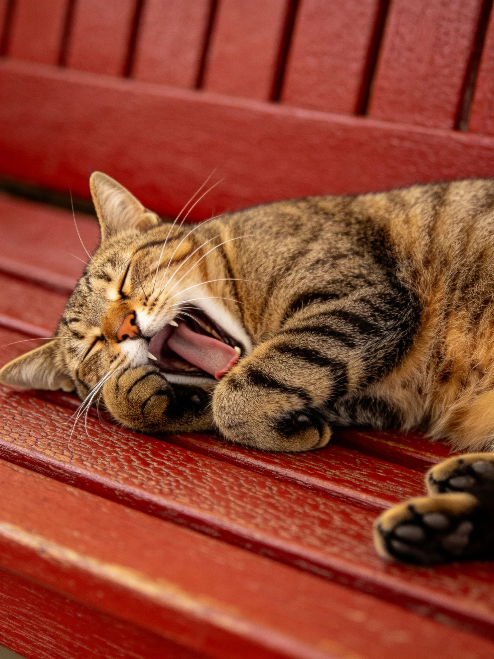 A tabby cat yawning on a red wooden bench