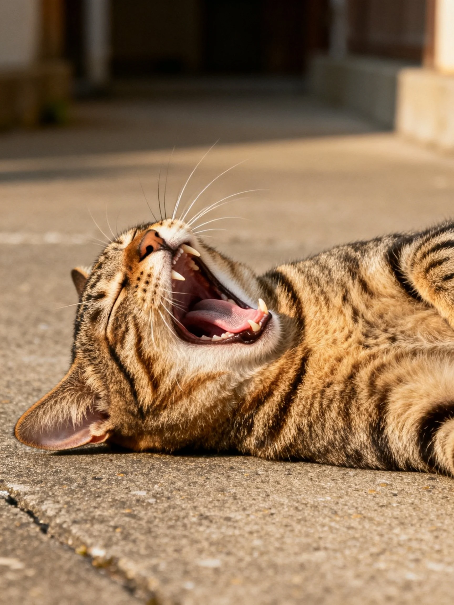 A tabby cat yawning on a sunlit concrete path