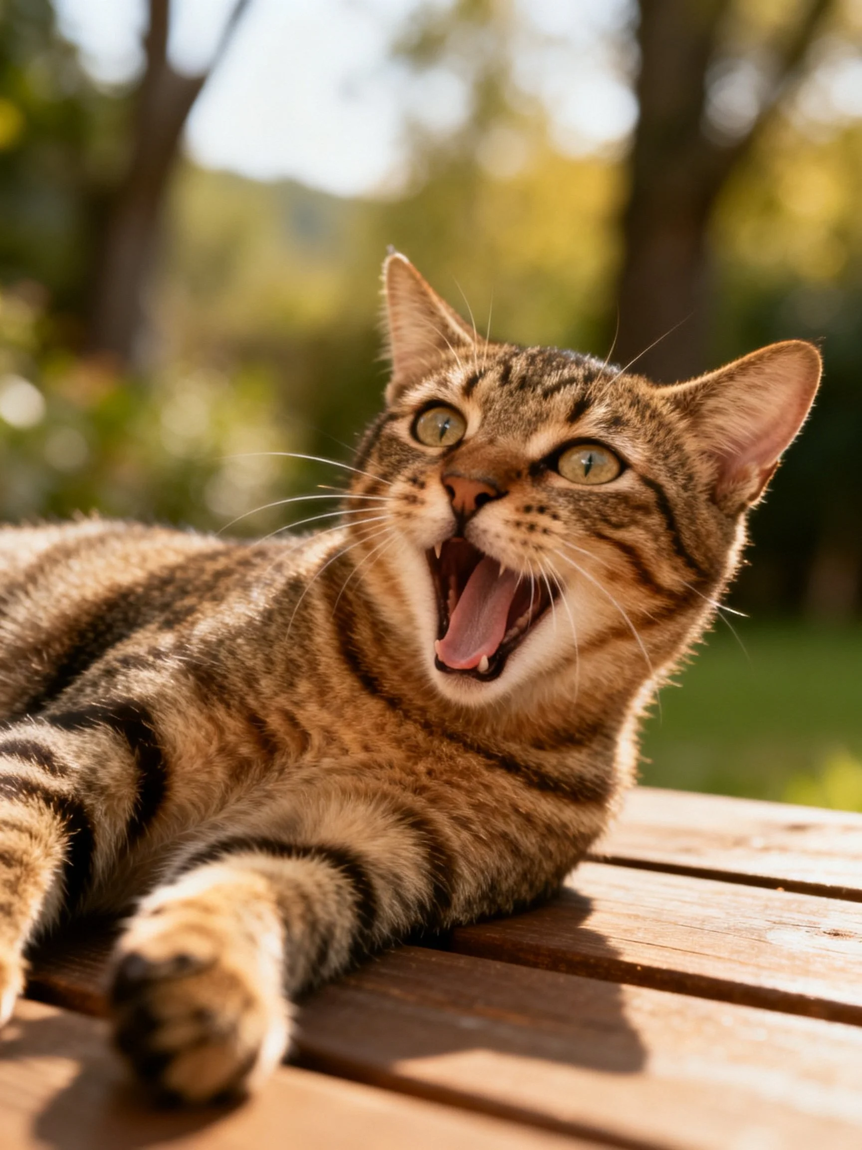 A tabby cat yawning on a wooden table in a sunlit outdoor setting