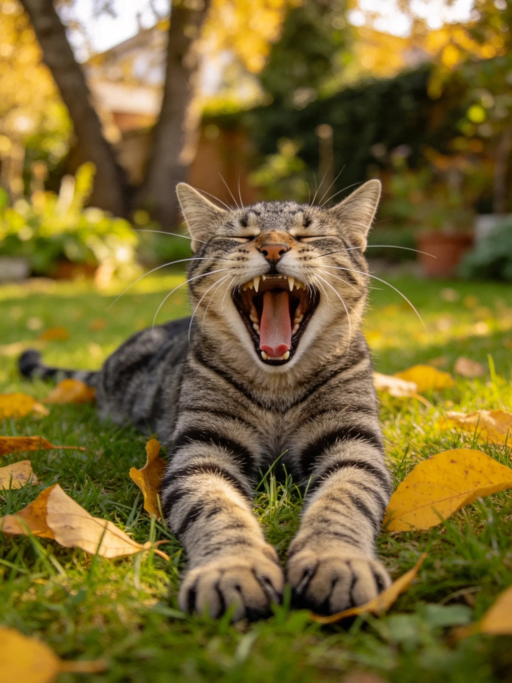 A tabby cat yawning on grass amid fallen leaves