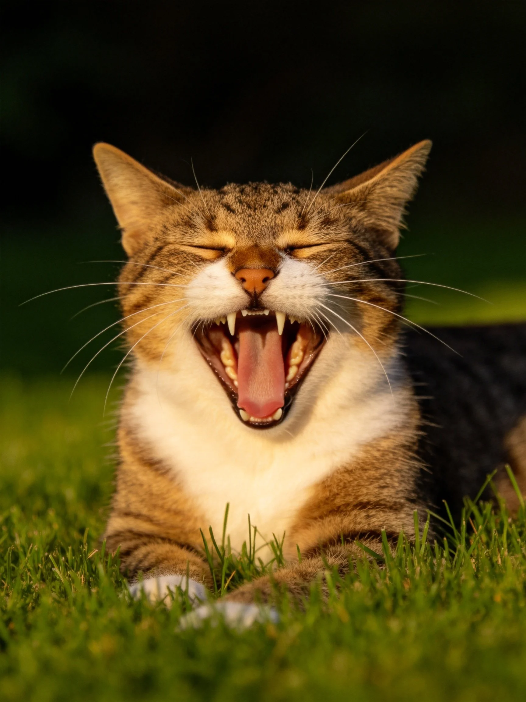 A tabby cat yawning on vibrant green grass under golden light