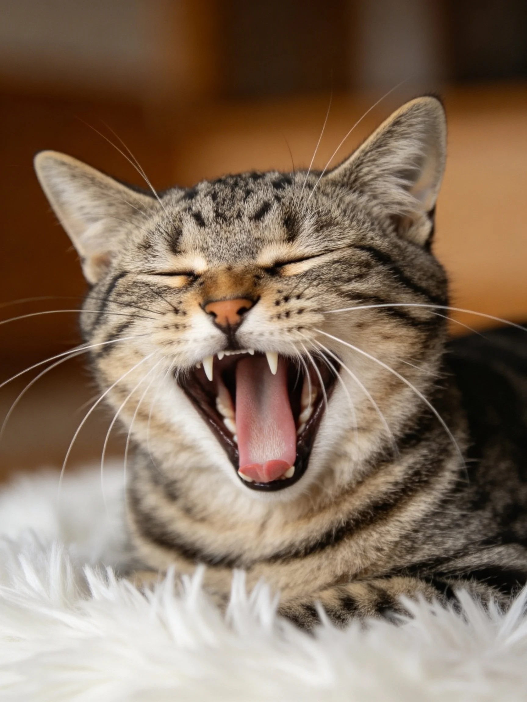 A tabby cat yawning widely on a soft white surface