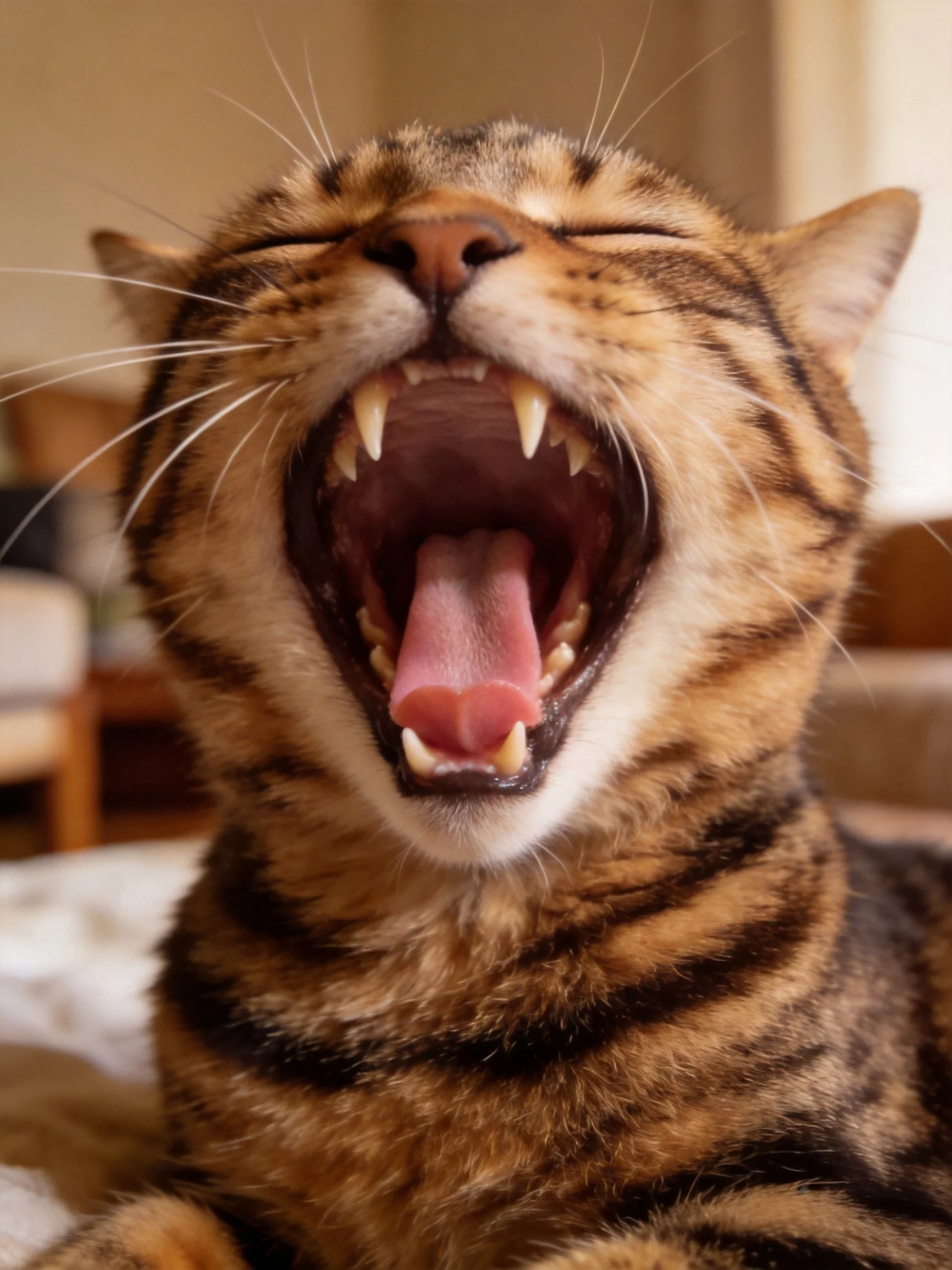 A tabby cat yawning widely with closed eyes and striped fur