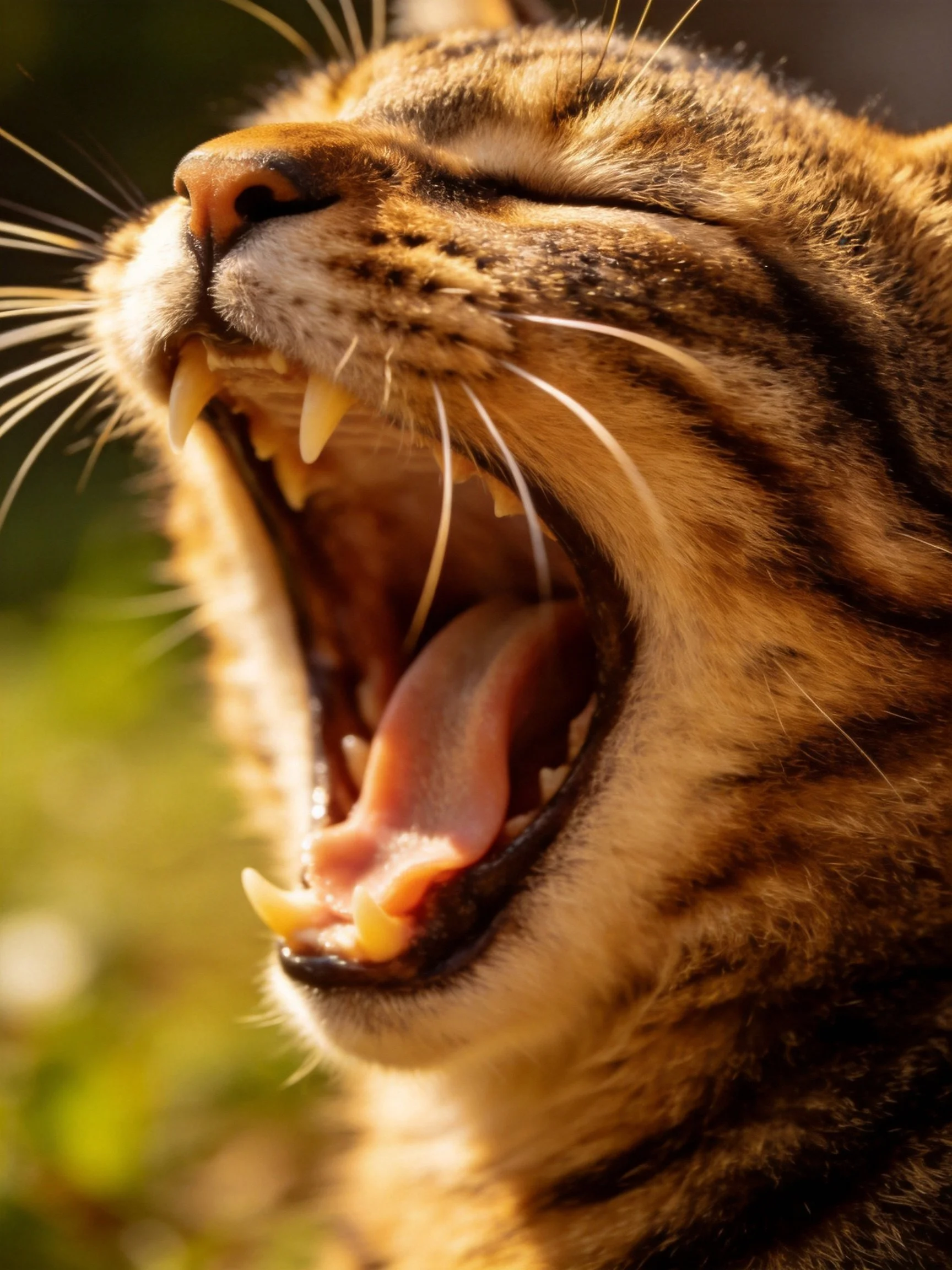 A tabby cat yawning widely with exposed teeth and striped fur