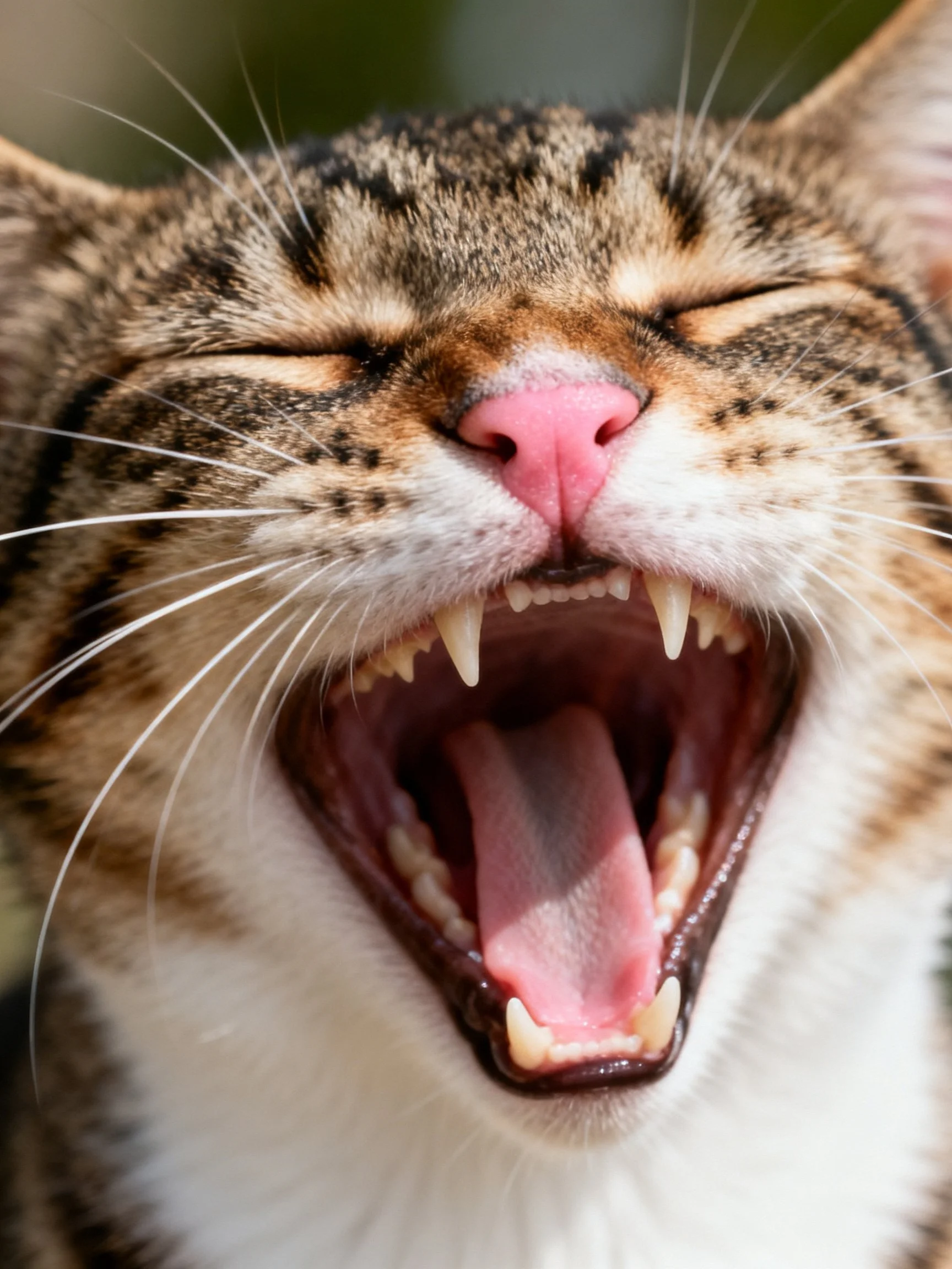 A tabby cat yawning widely with pink nose and sharp teeth