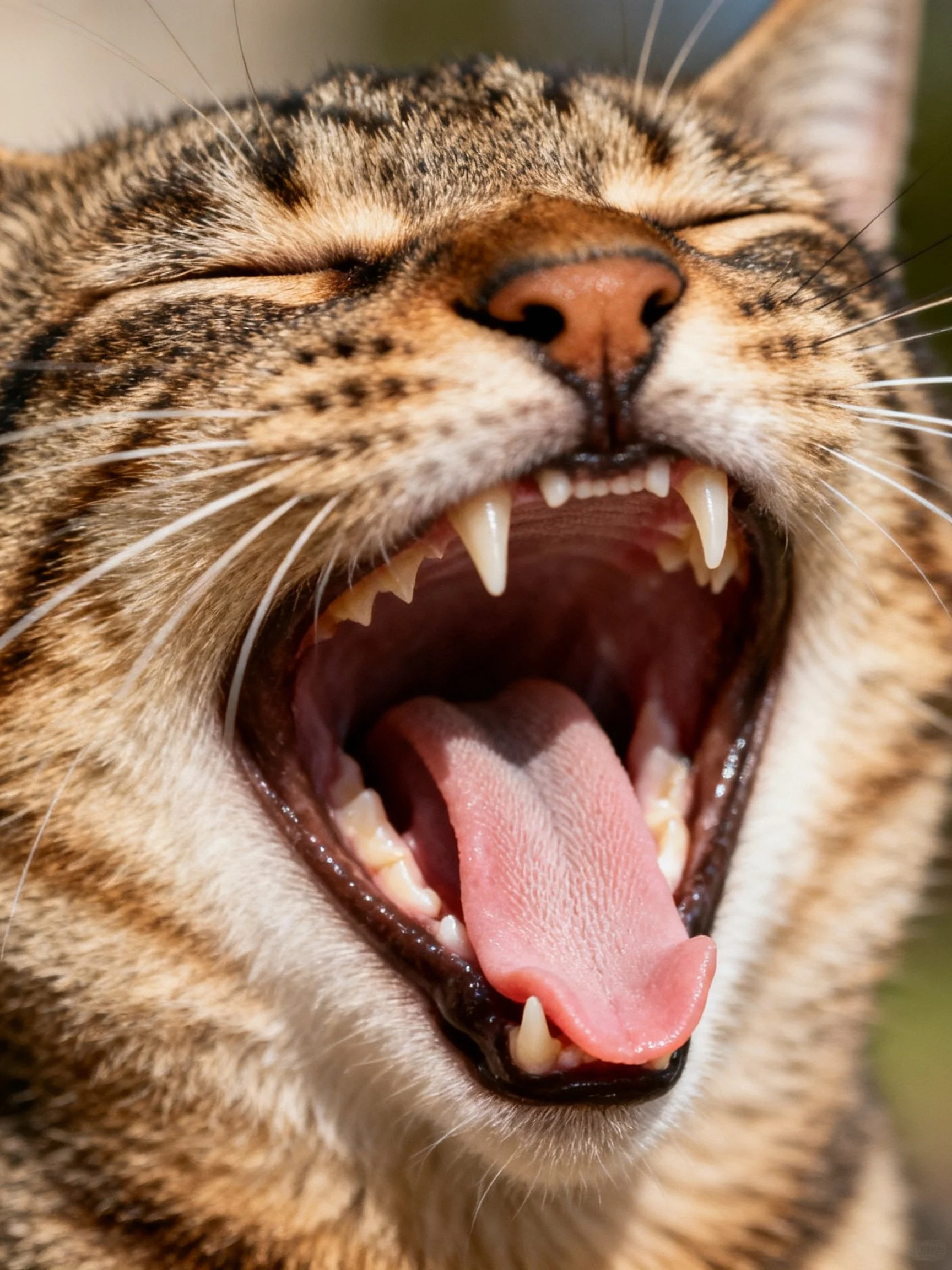 A tabby cat yawning widely with pink tongue exposed