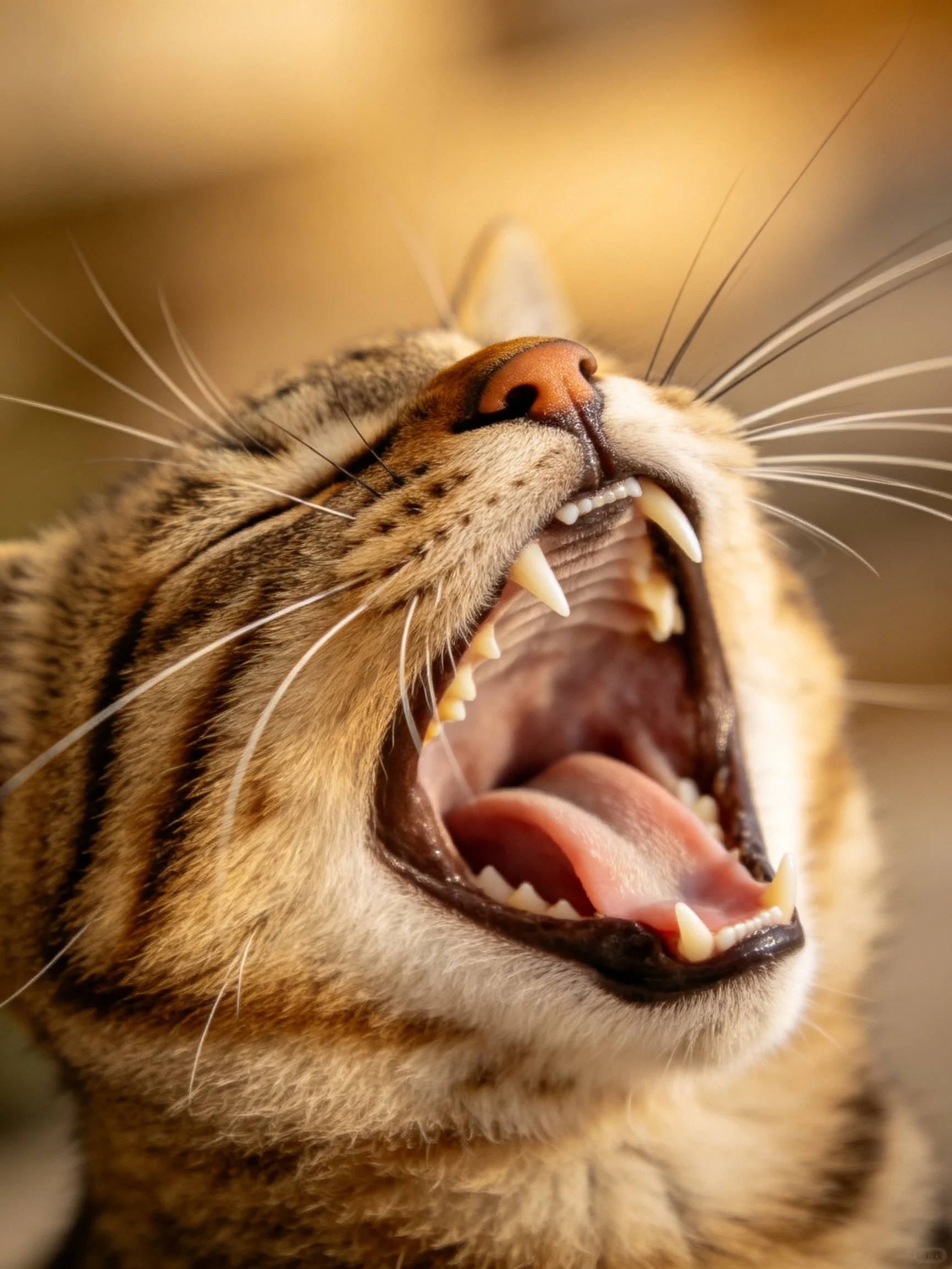 A tabby cat yawning widely with sharp teeth exposed
