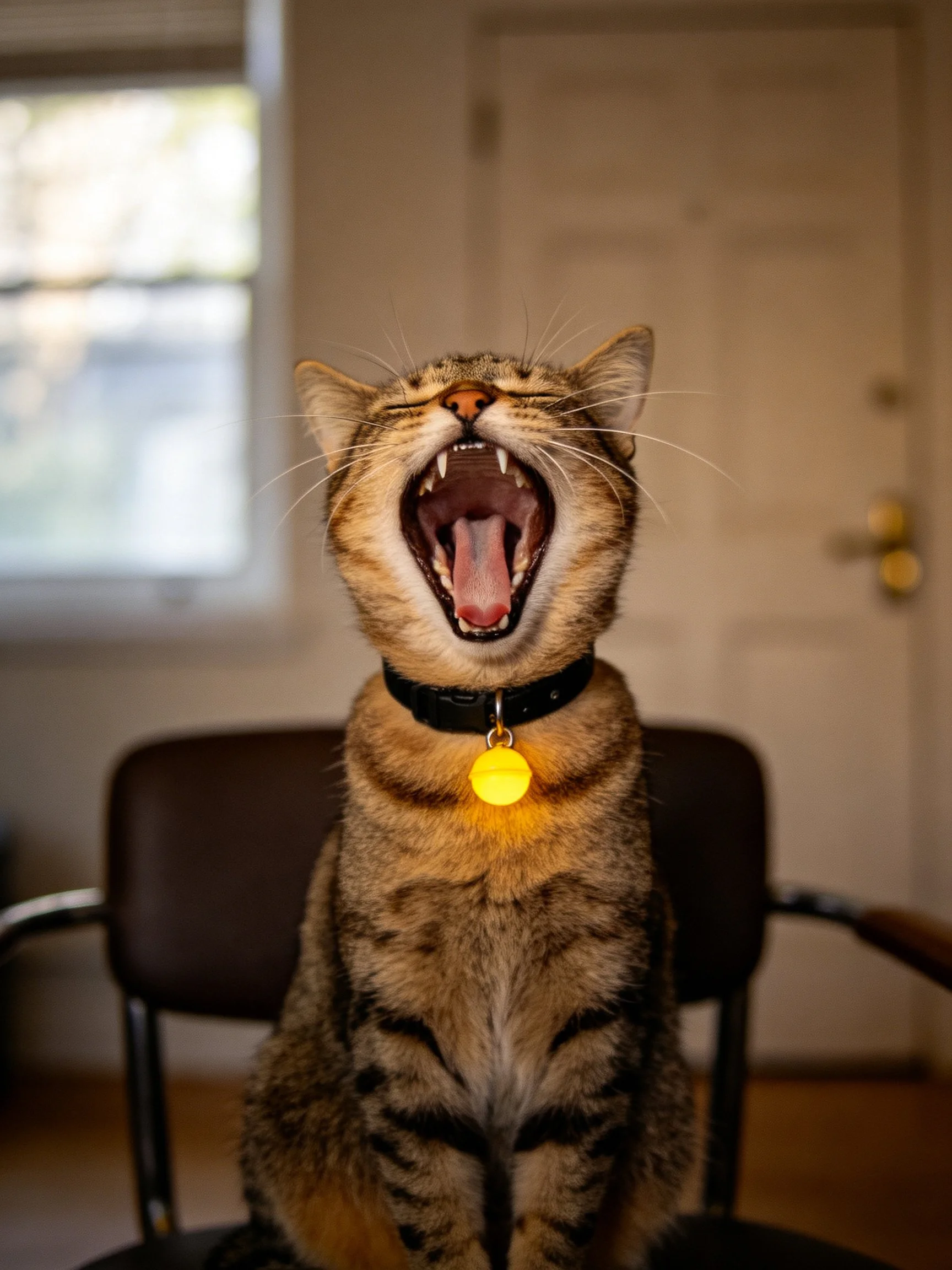 A tabby cat yawning with a black collar and glowing yellow bell