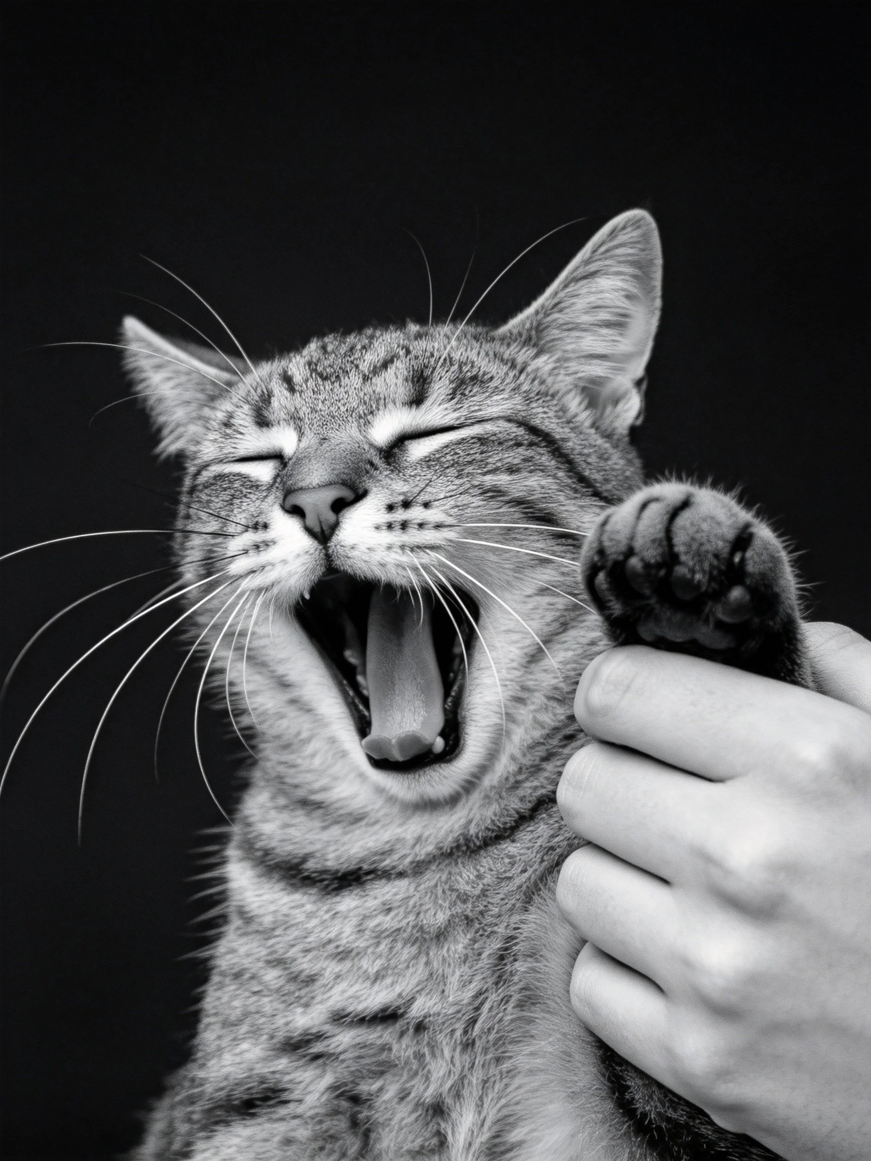 A tabby cat yawning with a hand holding its paw in black and white