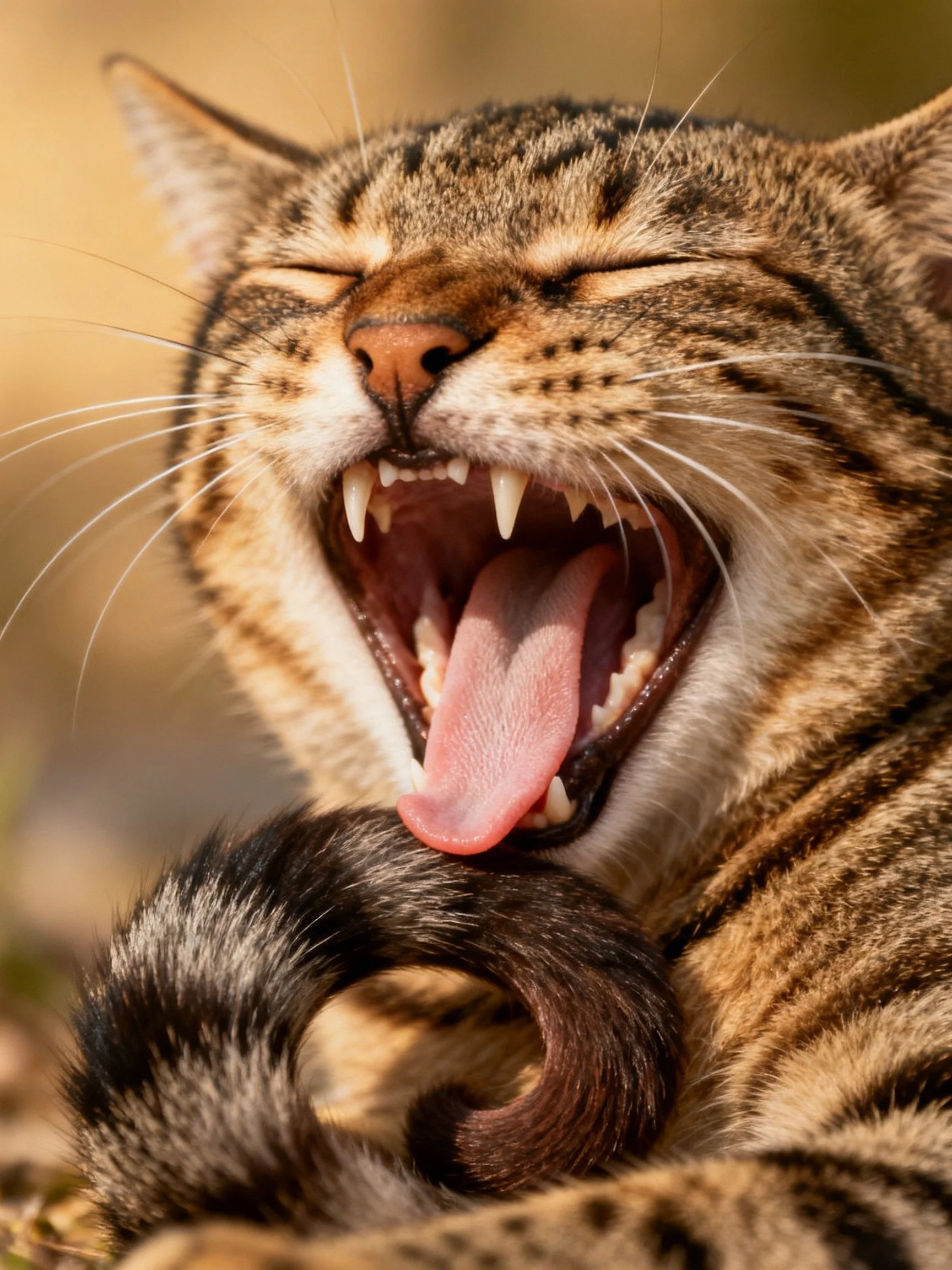 A tabby cat yawning with closed eyes and striped fur