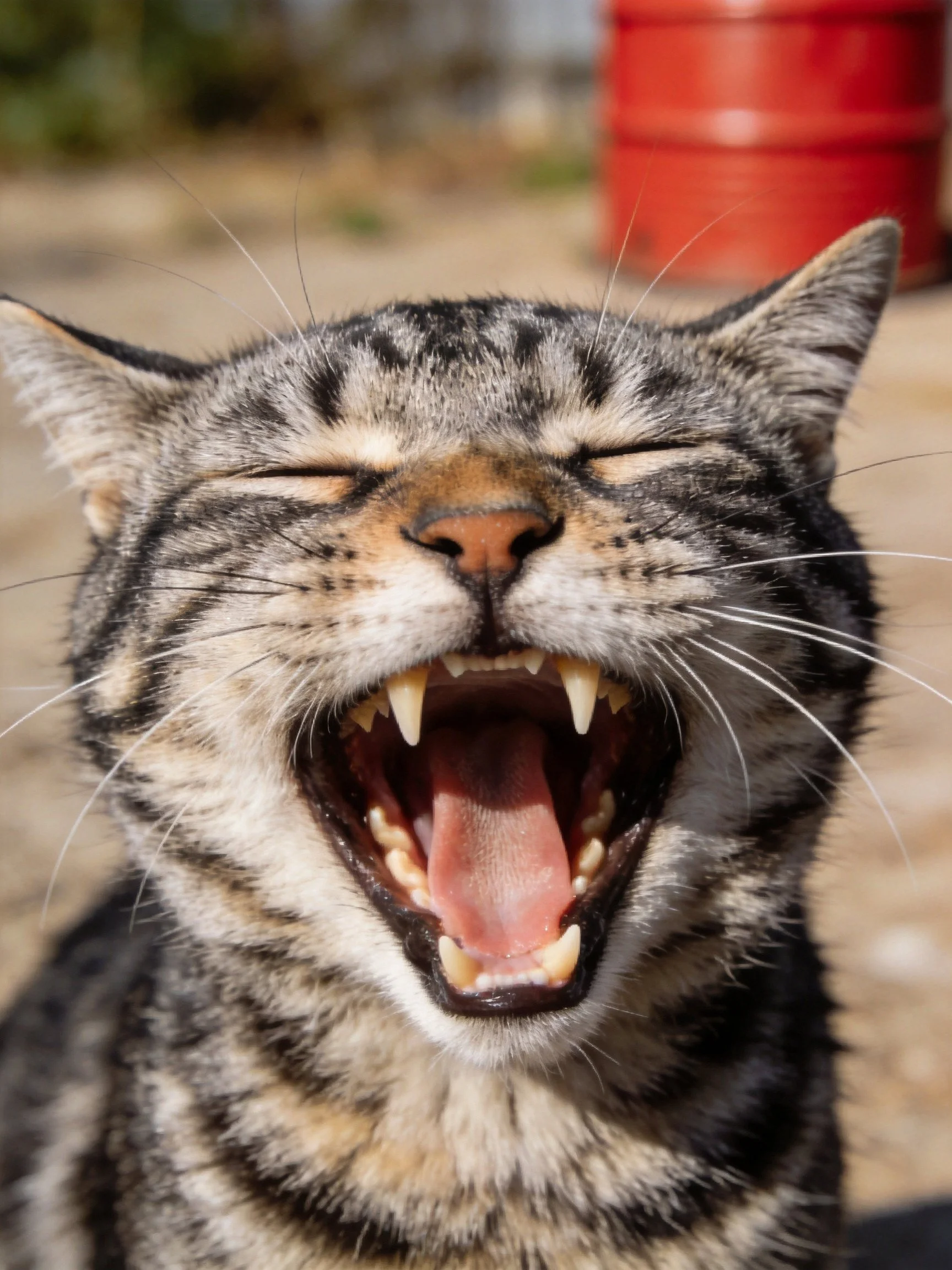 A tabby cat yawning with closed eyes outdoors