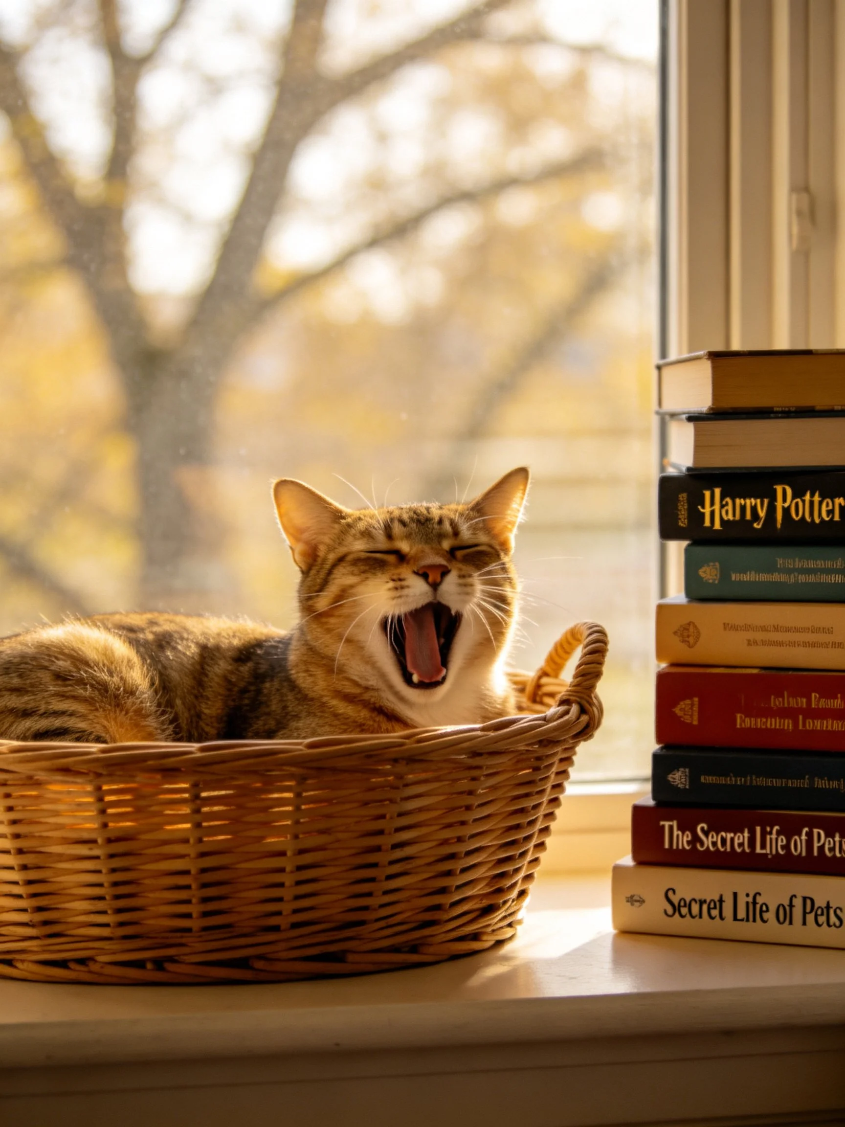 A tabby cat yawns in a wicker basket beside stacked books by a sunlit window
