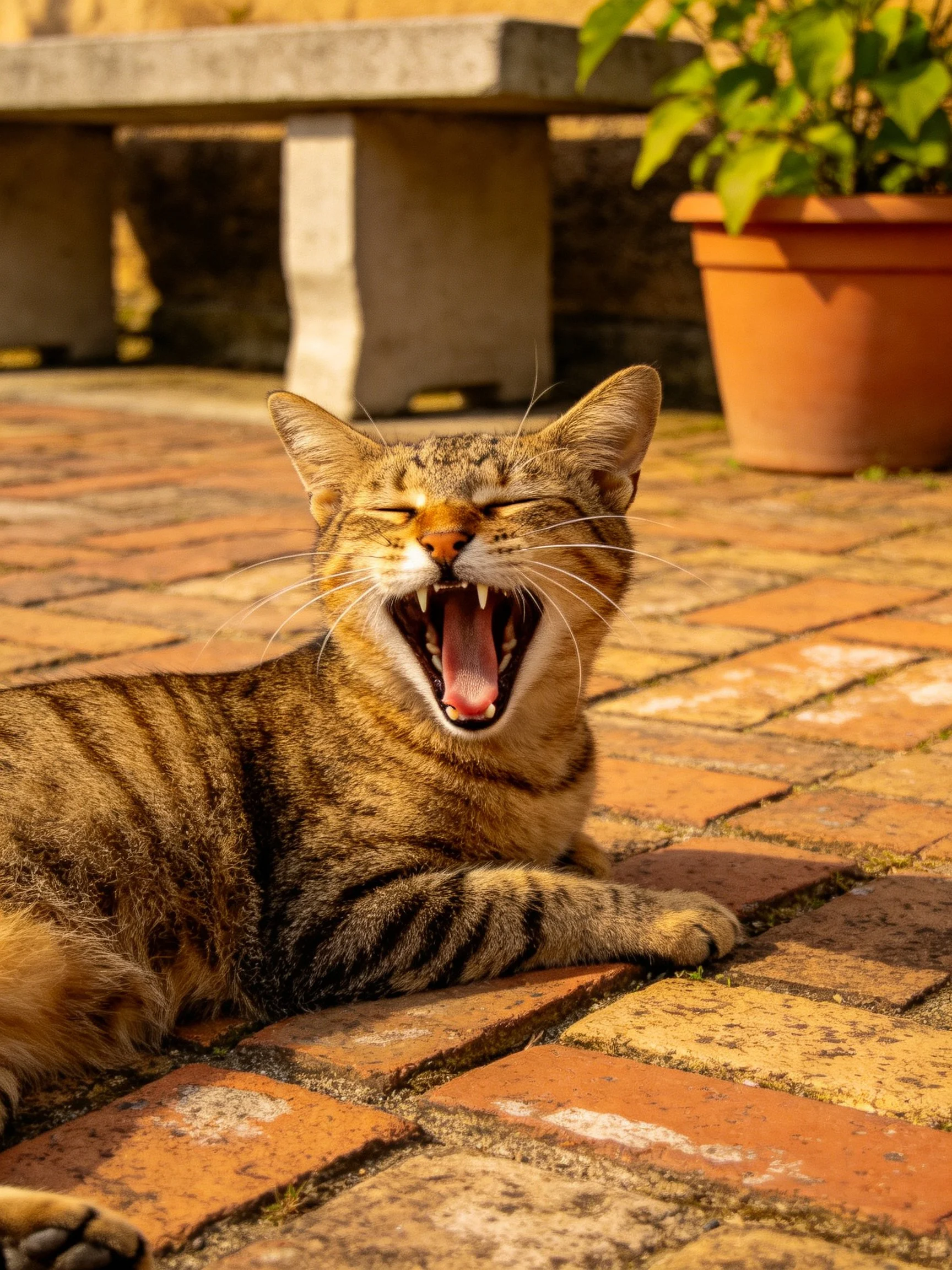 A tabby cat yawns on a sunlit brick patio beside a terracotta planter
