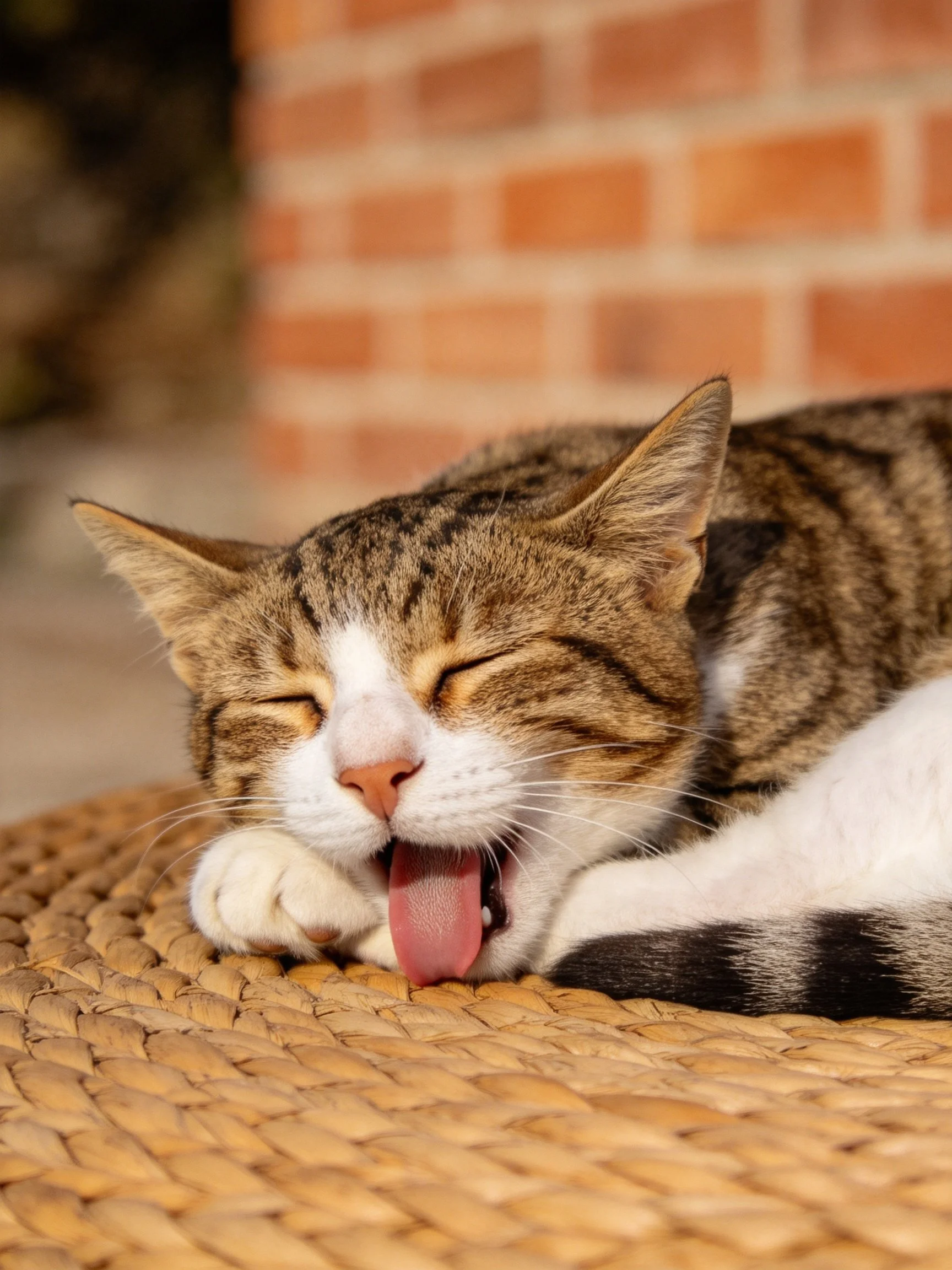 A tabby cat yawns on a woven mat near a brick wall