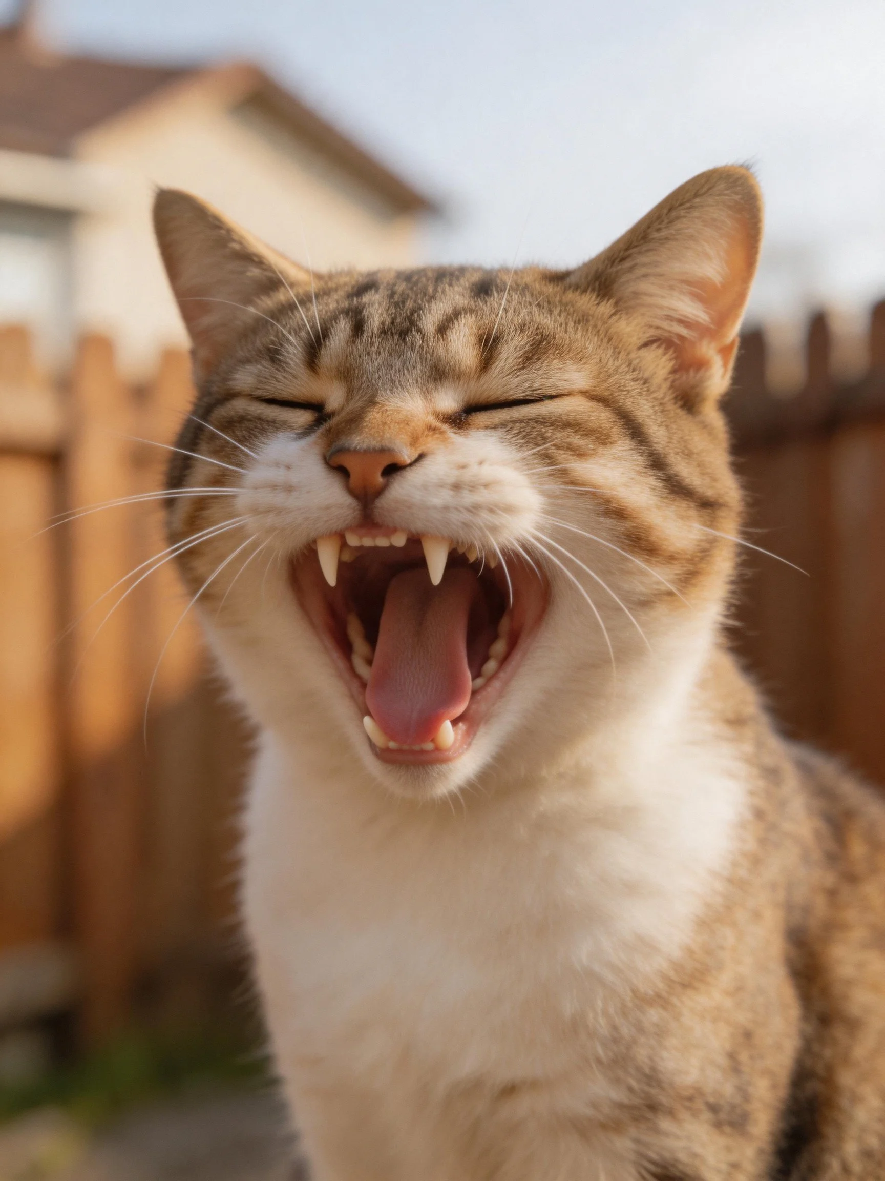 A tabby cat yawns widely near a wooden fence