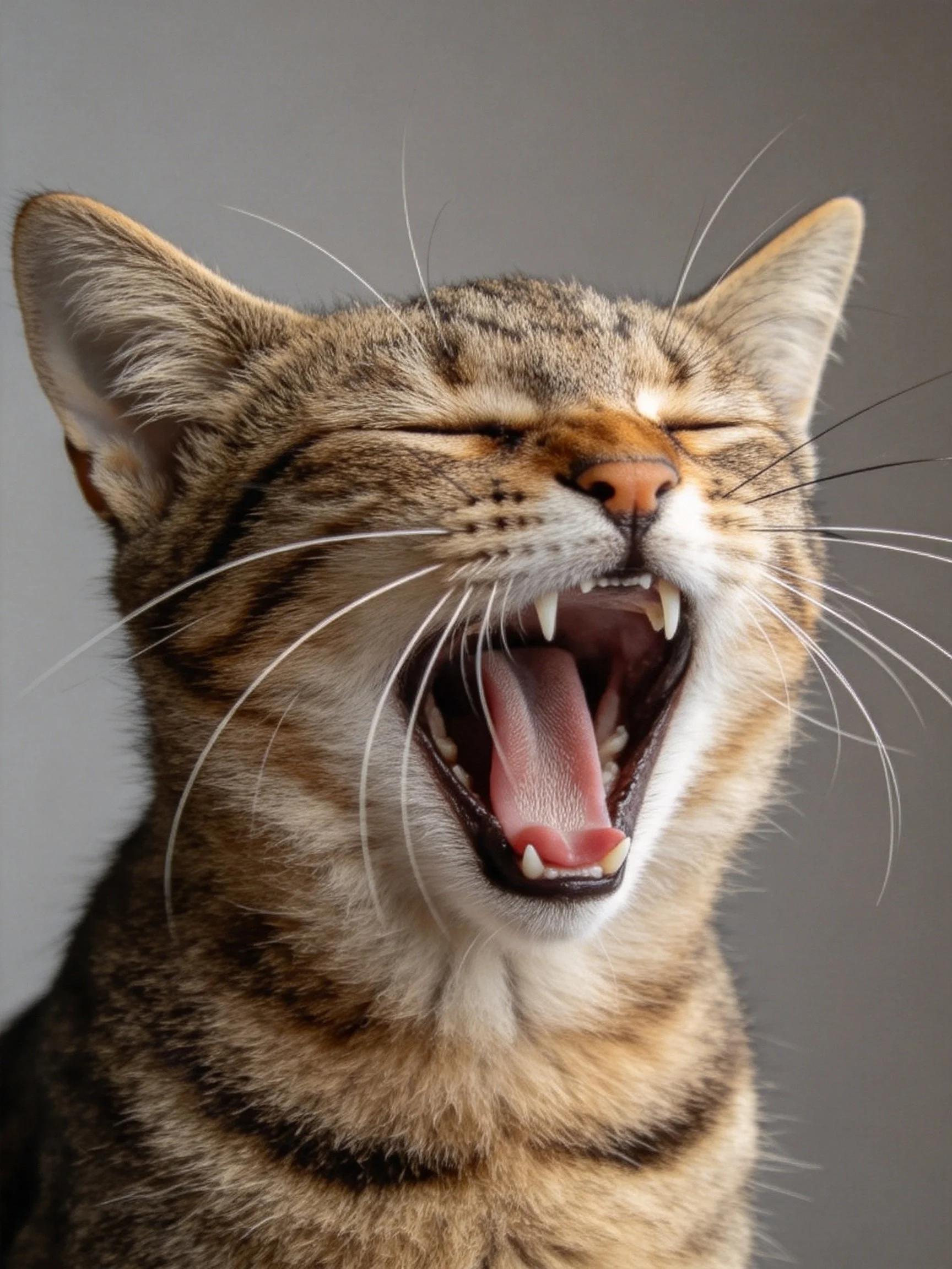 A tabby cat yawns widely with closed eyes and striped fur