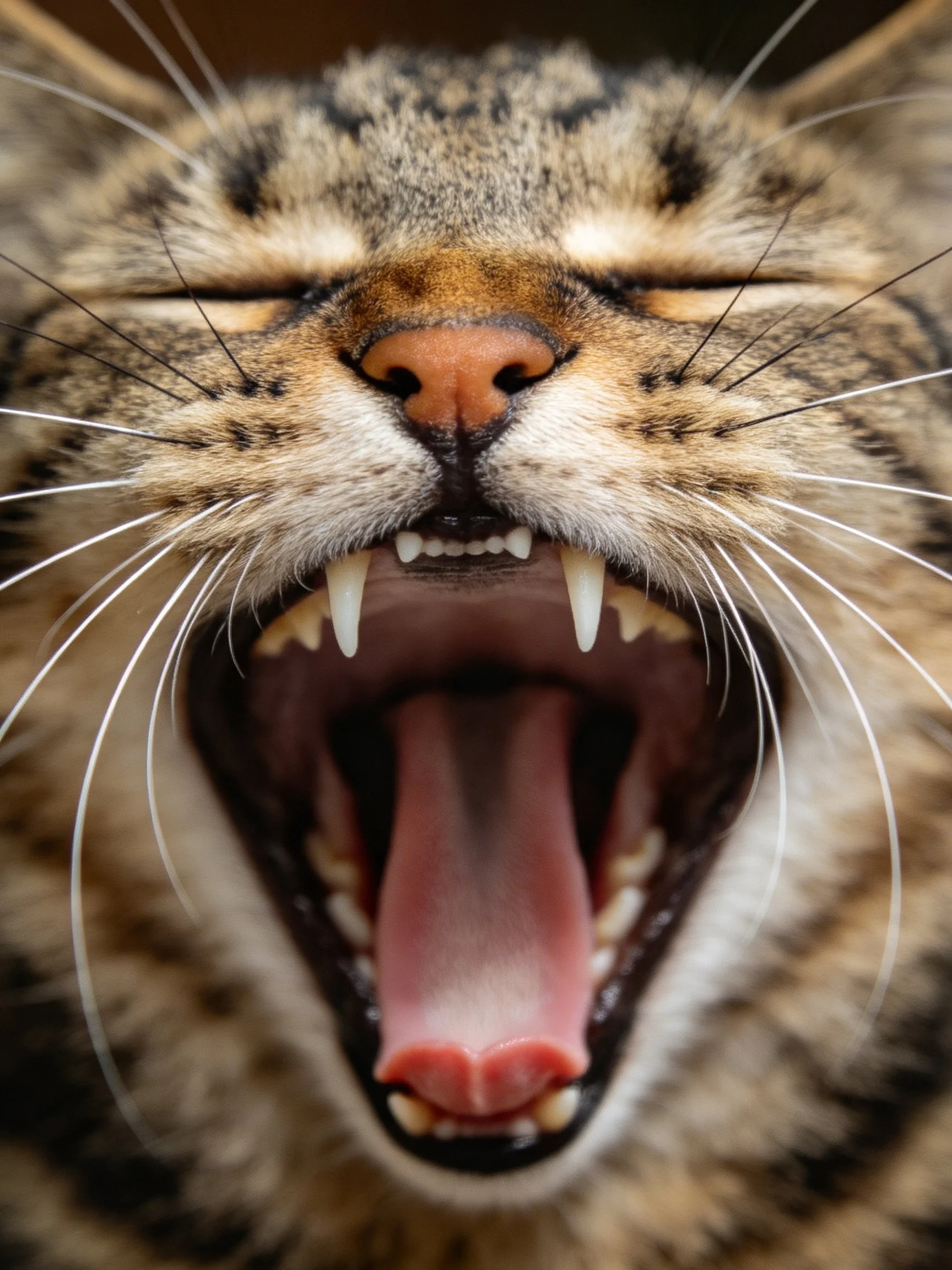 A tabby cat yawns widely with closed eyes and visible fangs
