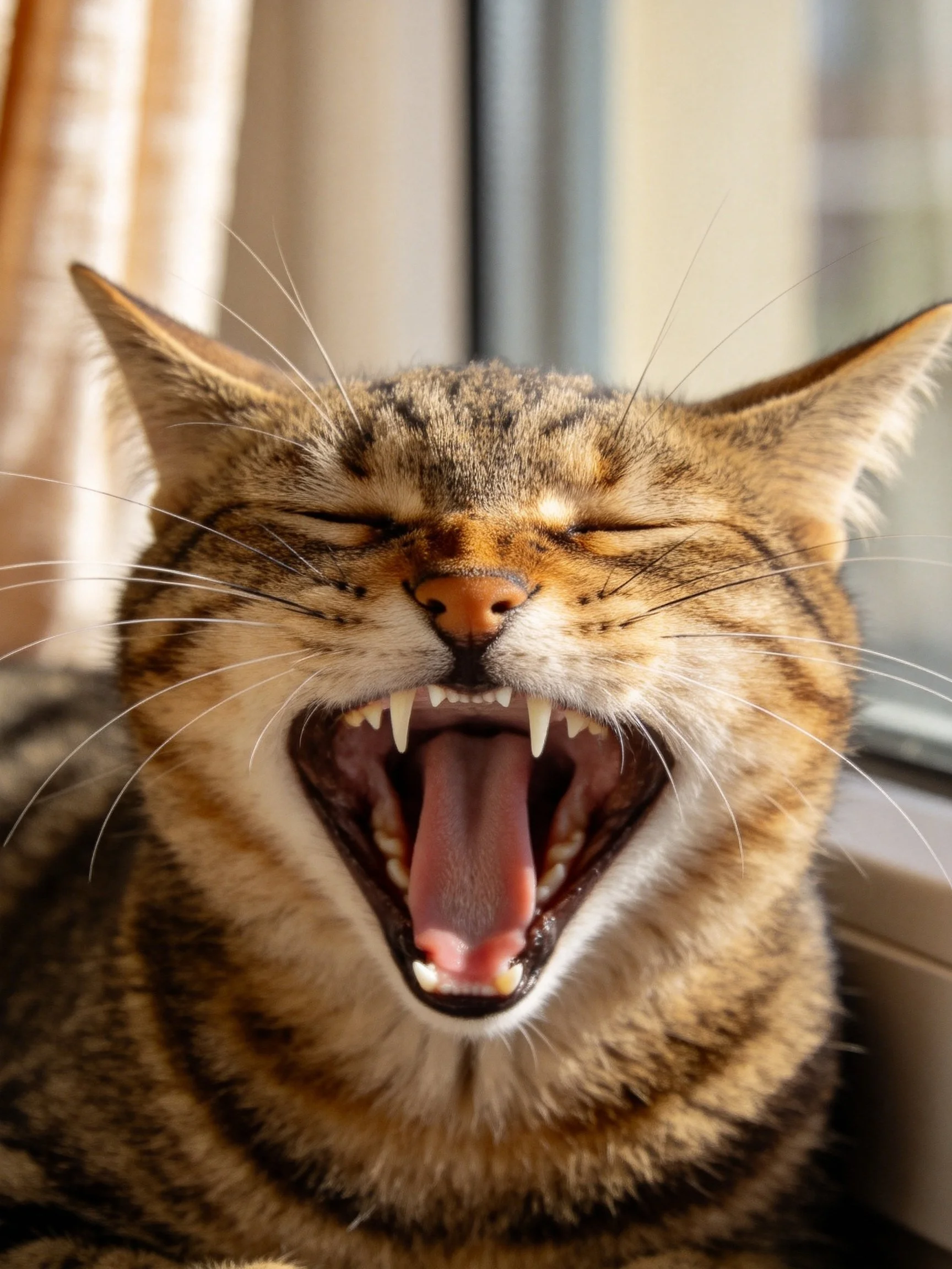 A tabby cat yawns widely with closed eyes near a window