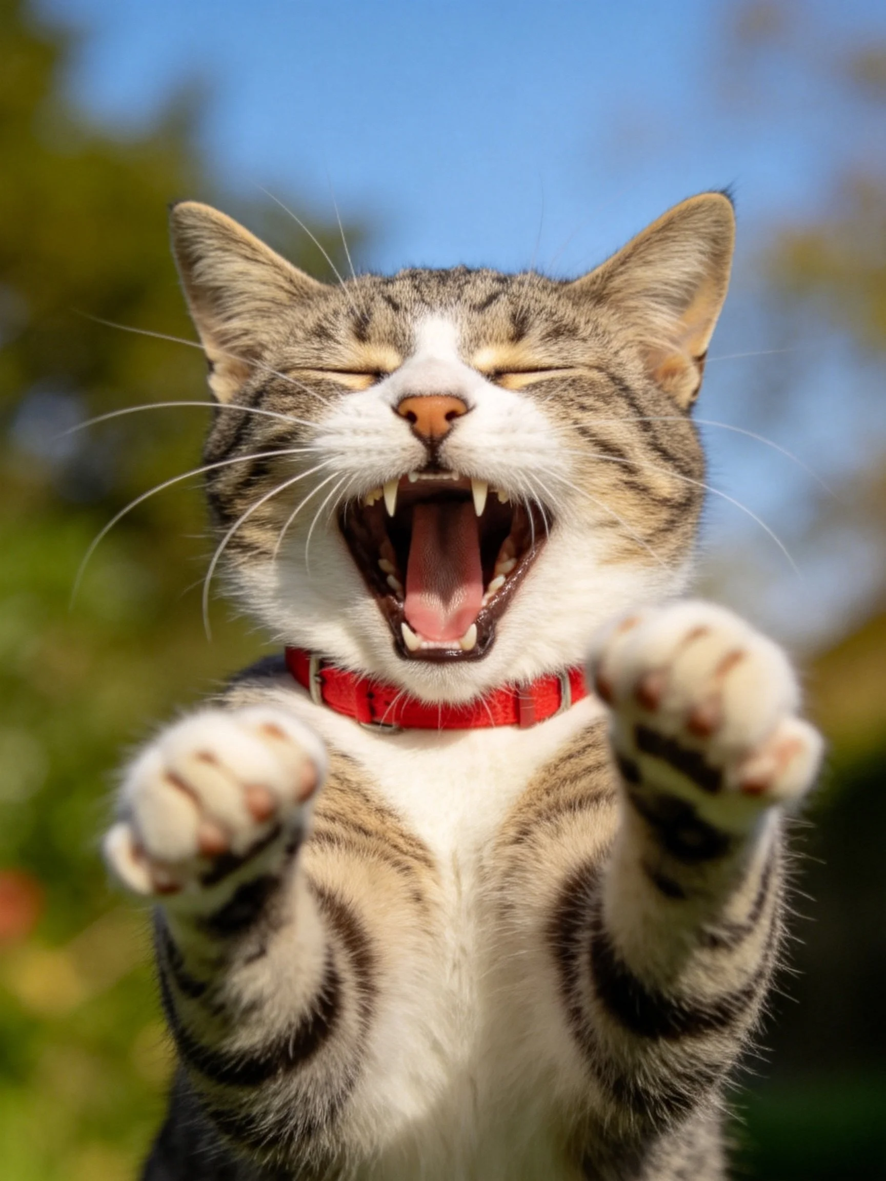 A tabby cat yawns widely with raised paws, wearing a red collar