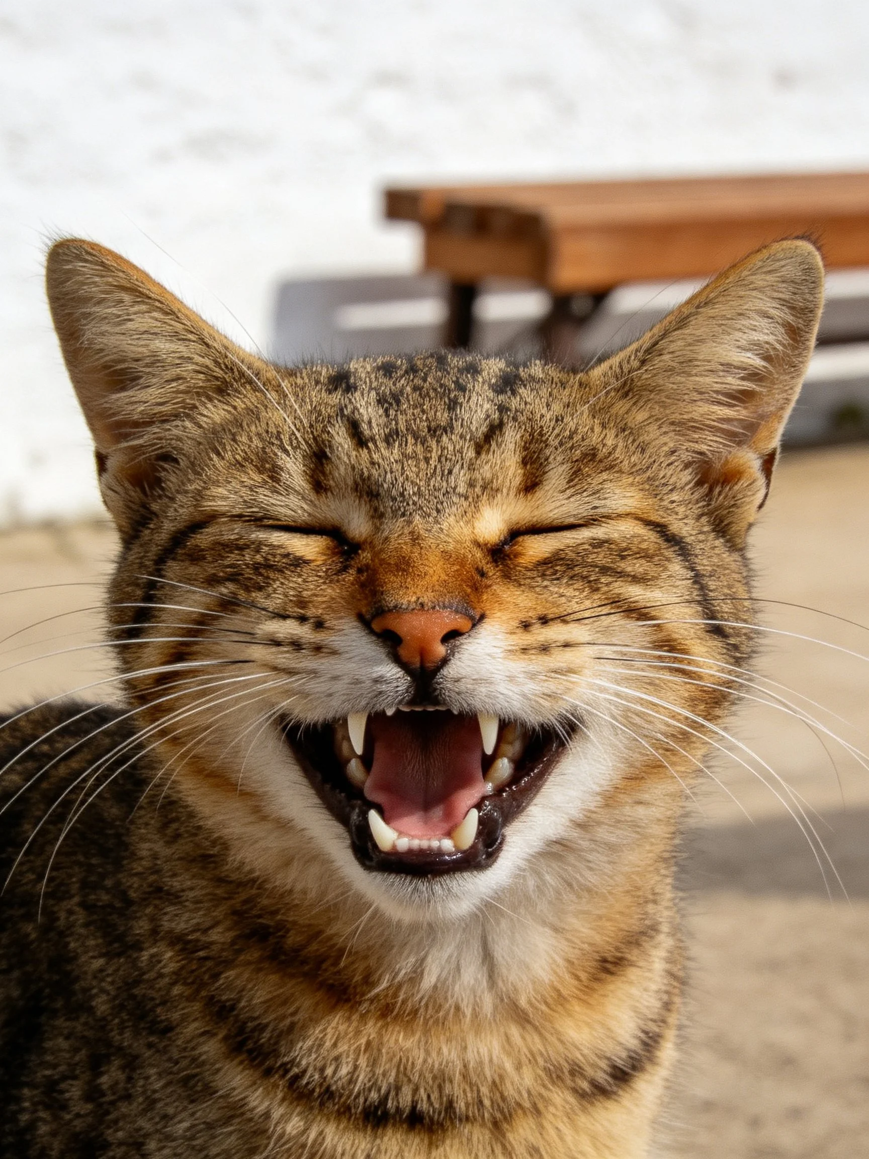 A tabby cat yawns with eyes closed, displaying sharp teeth