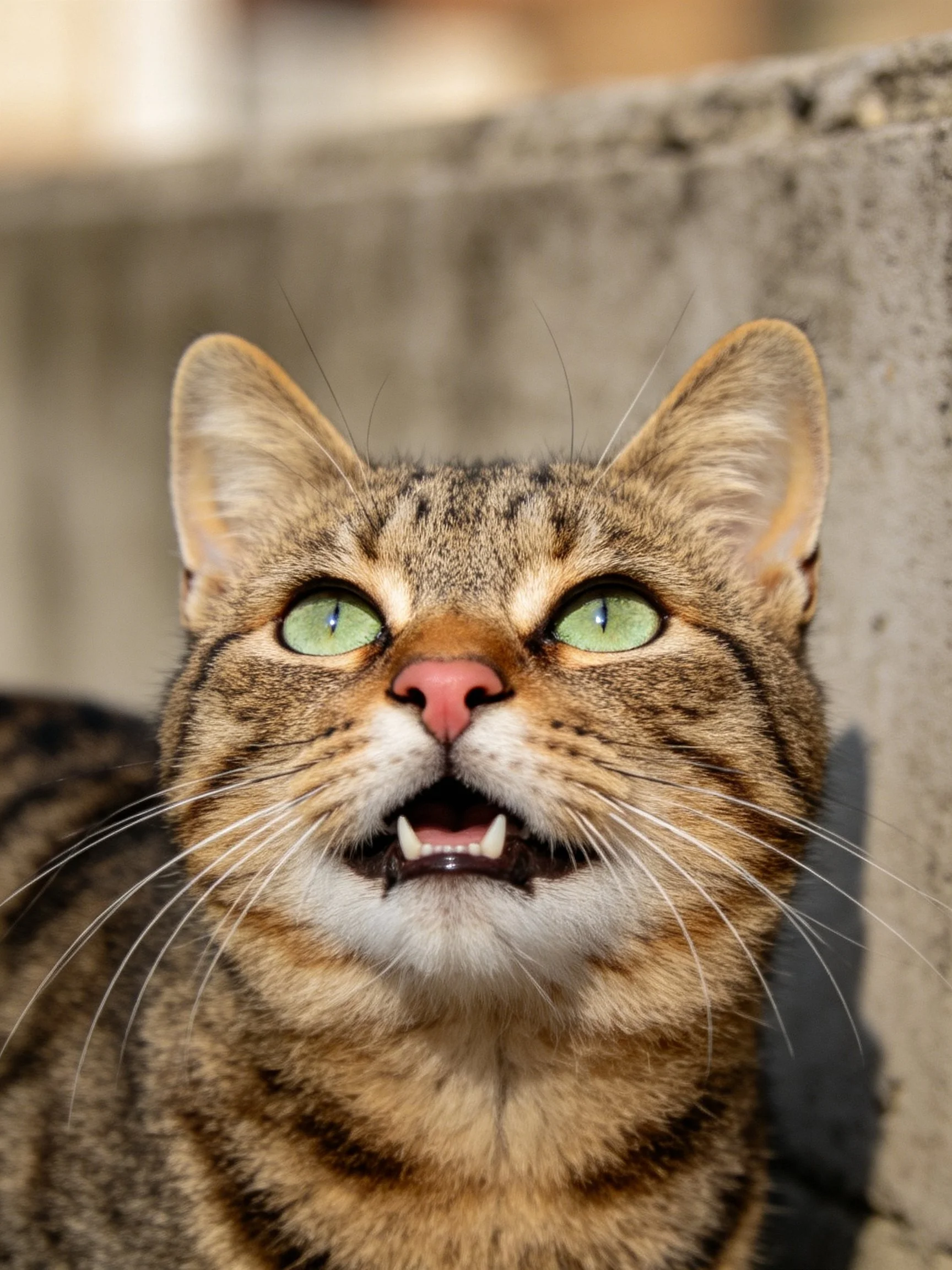 A tabby cat with bright green eyes is positioned near a concrete structure.